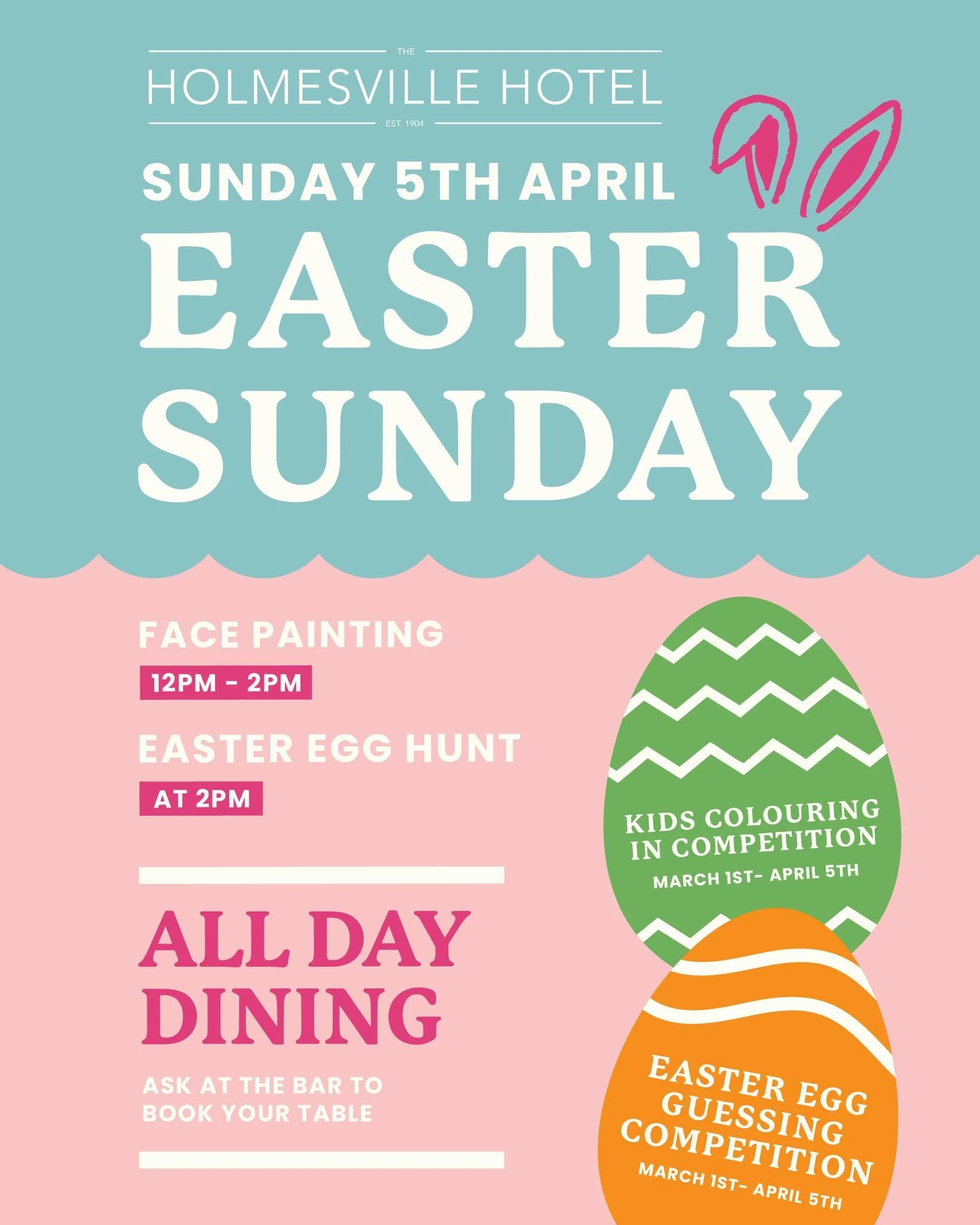 🐰 Easter Sunday at Holmesville Hotel 🐣

Join us on Sunday 5th April for a fun-filled family day with face painting, an Easter Egg Hunt &amp; all-day dining.

🎨 Face painting | 12pm&ndash;2pm
🥚 Easter Egg Hunt | 2pm
🖍️ Kids colouring &amp; Easter