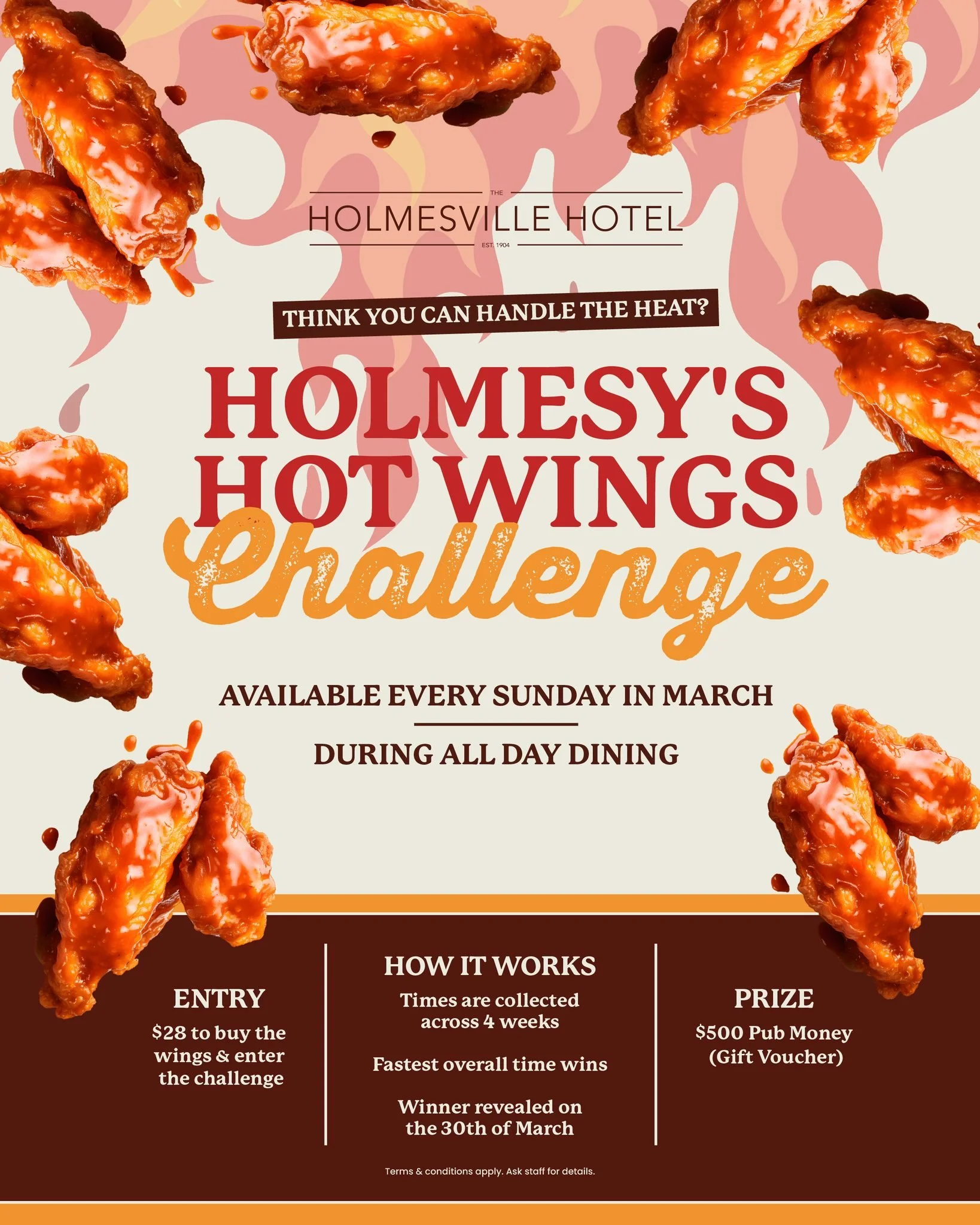 🔥 Think you can handle the heat? 🔥

Holmesy&rsquo;s Hot Wings Challenge is on every Sunday in March during all-day dining 🌶️🍗

Grab the wings, take on the challenge and see if you&rsquo;ve got what it takes 🔥

Terms &amp; conditions apply. Ask s