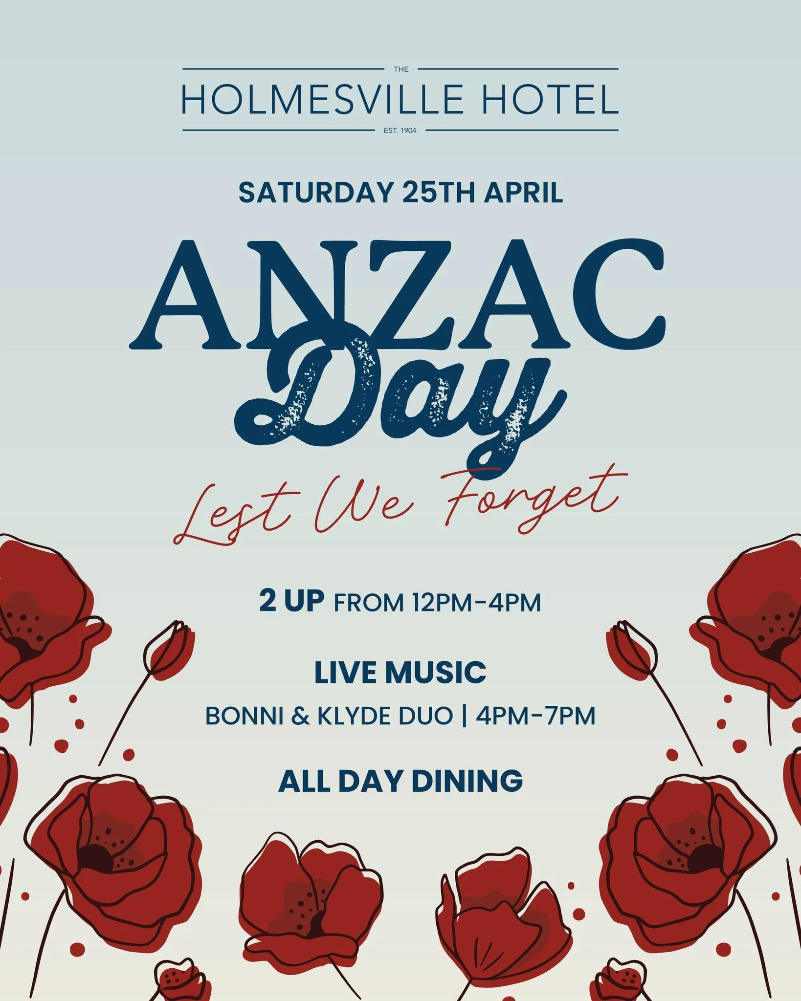 ANZAC Day at Holmesville Hotel

Join us Saturday 25th April as we come together to remember.

🎖️ Two-Up from 12pm&ndash;4pm
🎶 Live music with Bonni &amp; Klyde Duo from 4pm&ndash;7pm
🍽️ All-day dining available

We look forward to welcoming you as