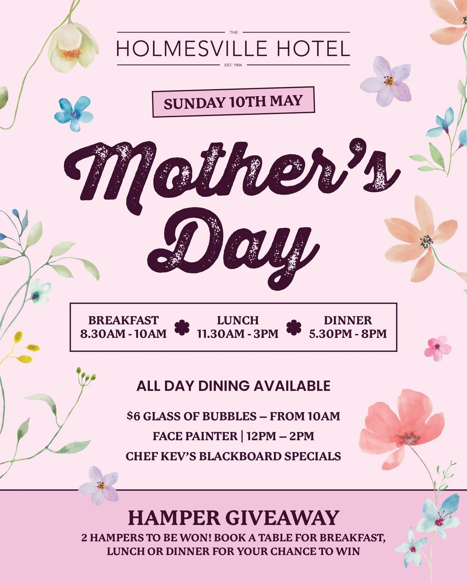 💐 Mother&rsquo;s Day at Holmesville Hotel 💐

Treat Mum this Mother's Day with a special day out 💖

🍳 Breakfast 8.30am&ndash;10am
🍽️ Lunch 11.30am&ndash;3pm
🍷 Dinner 5.30pm&ndash;8pm
🥂 $6 glass of bubbles from 10am
🎨 Face painter 12pm&ndash;2p