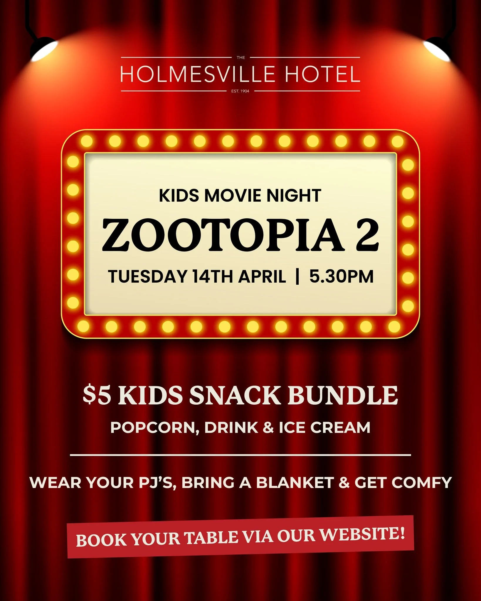 🎬 Join us tonight for Kids Movie Night these school holidays!

Kicking off at 5:30pm with Zootopia 2 🐰🦊

🍿 $5 Kids Snack Bundle
Popcorn, drink &amp; ice cream

🛋️ Wear your PJ&rsquo;s, bring a blanket &amp; get comfy

👉 Book your table via our 