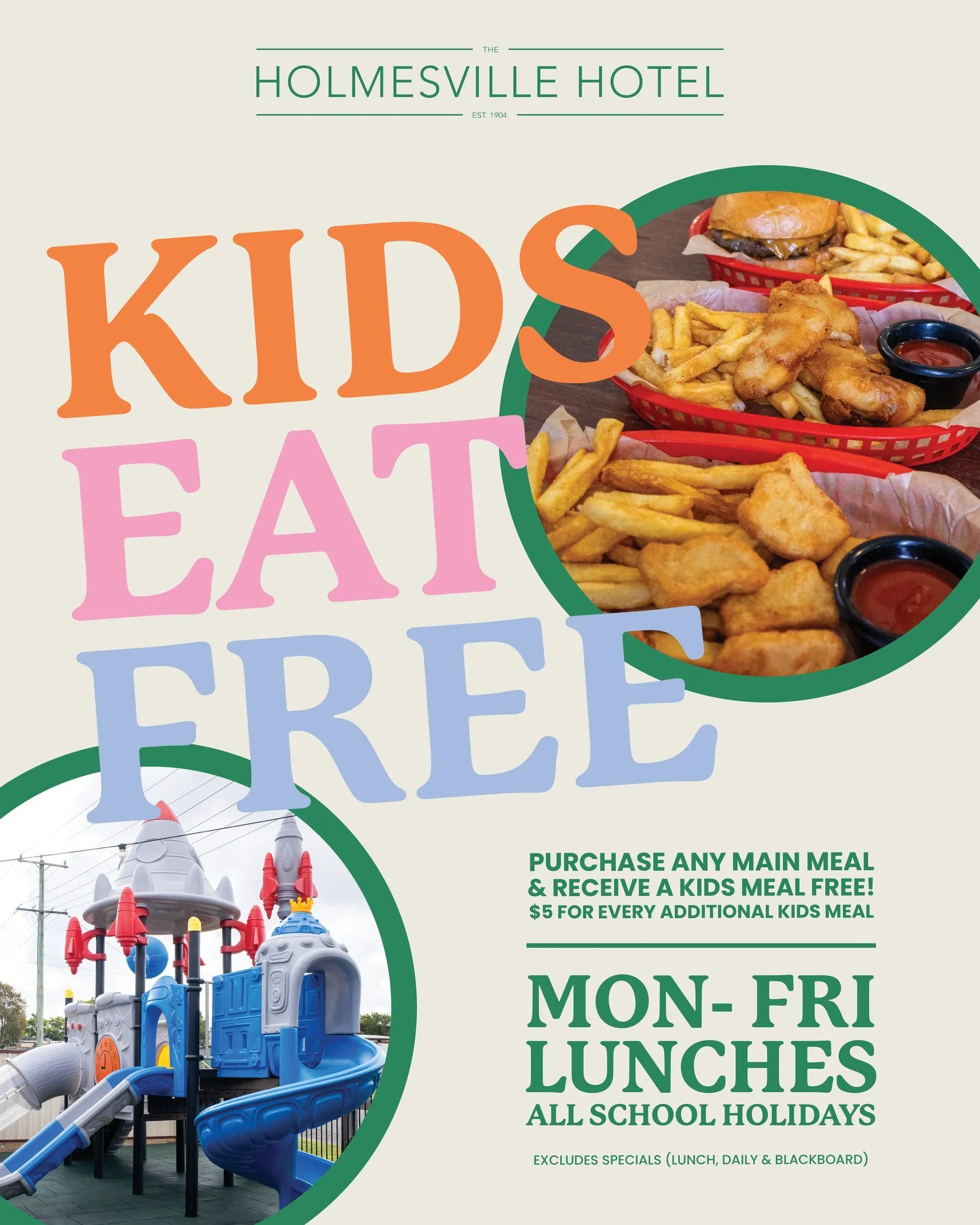 Last few days of school holidays 👀

Don&rsquo;t miss out on Kids Eat Free* &mdash; Monday to Friday lunch 🍽️

Buy any main meal and receive a kids meal absolutely free 🙌
Need more? Additional kids meals are just $5 each

Easy, affordable &amp; kee