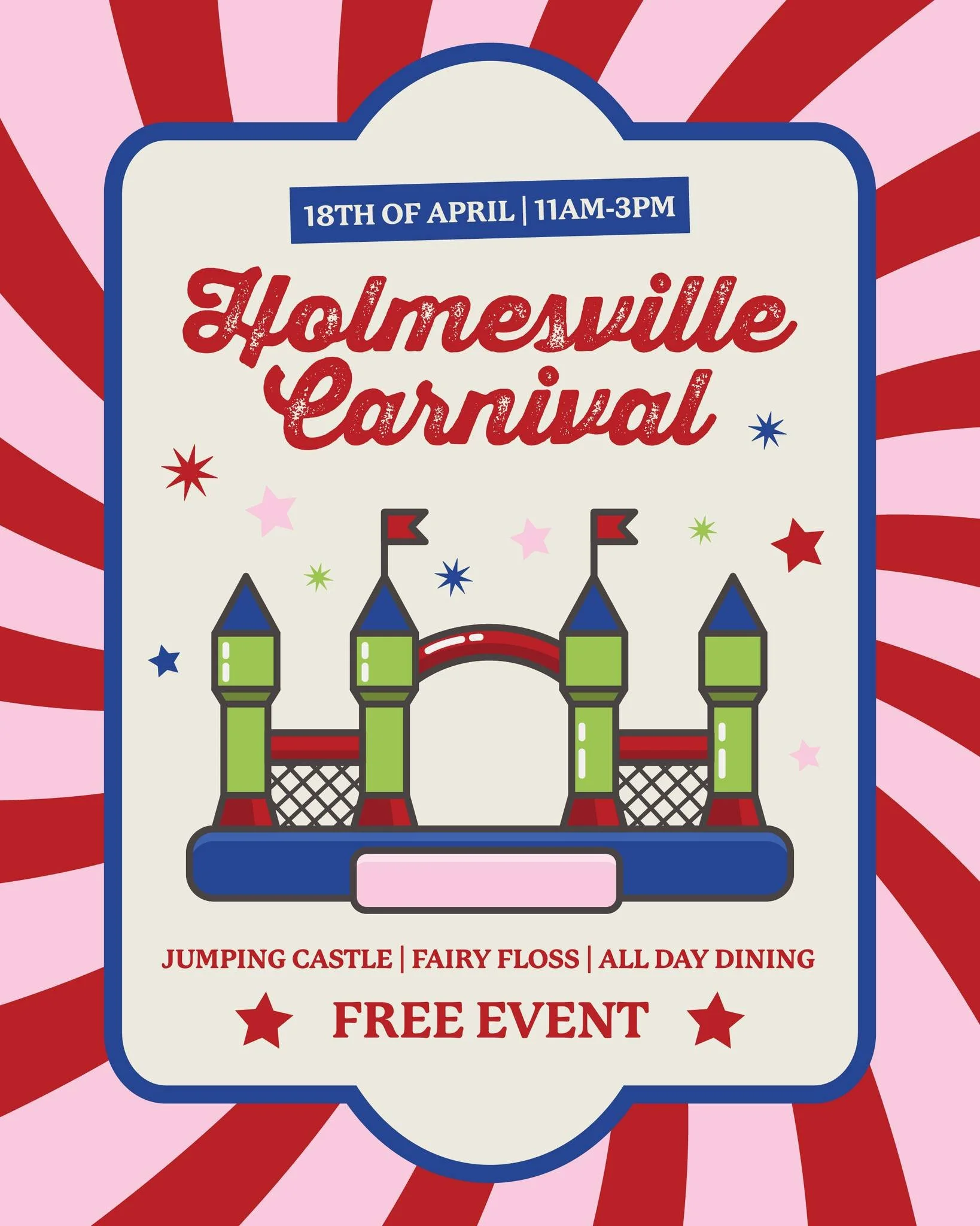 Join us this Saturday 18th April from 11am&ndash;3pm for a day the whole family will love 👏

🎠 Jumping castle
🍭 Fairy floss
🍽️ All day dining

Best part? It&rsquo;s a FREE event 🙌

Book your table now! https://www.holmesvillehotel.com.au/reserva