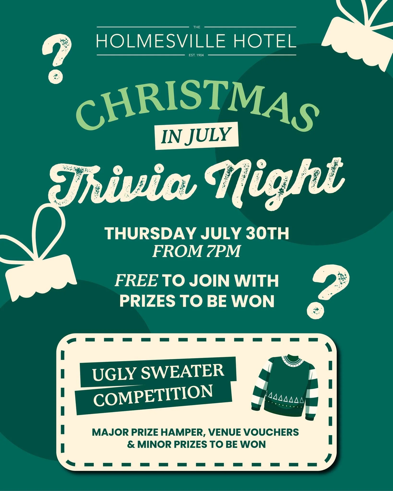 Know-it-alls, Christmas lovers and ugly sweater owners&hellip; this one&rsquo;s for you 🎄🍻

Join us at Holmesville Hotel on Thursday 30th July from 7pm for our Christmas in July Trivia Night ❄️

Round up your smartest (or most festive) mates and we