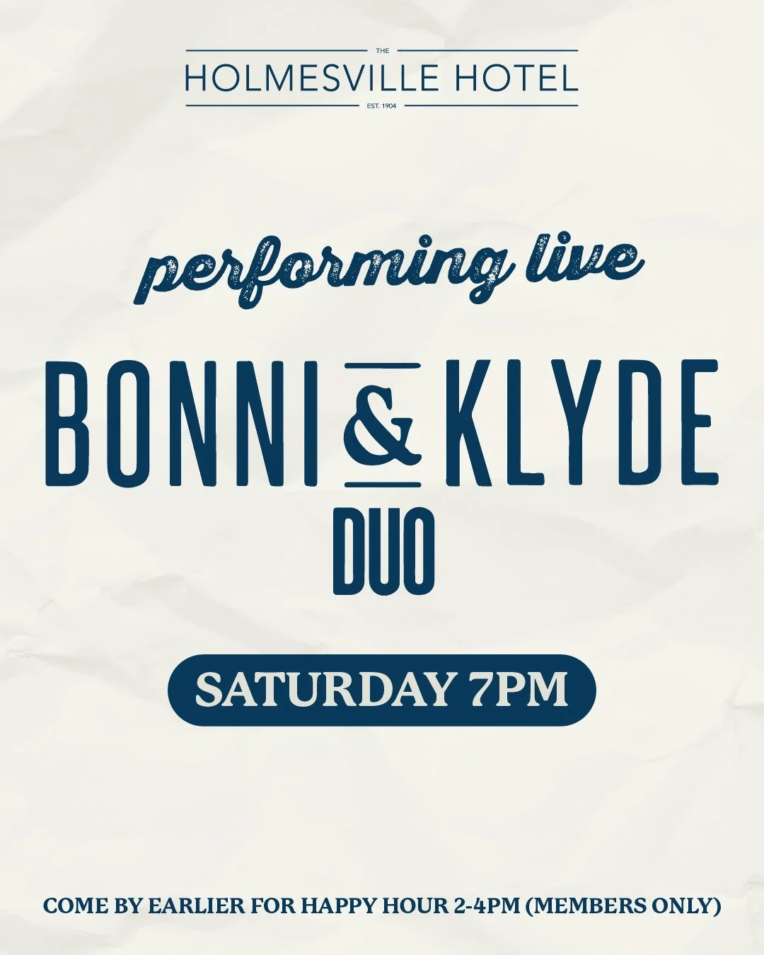 Holmesy locals, your Saturday plans are sorted 🍻

Happy Hour kicks off from 2&ndash;4pm (members only), then Bonni &amp; Klyde Duo take over from 7pm with live music all night long. Good feeds, cold beers and your favourite local, hard to say no to 