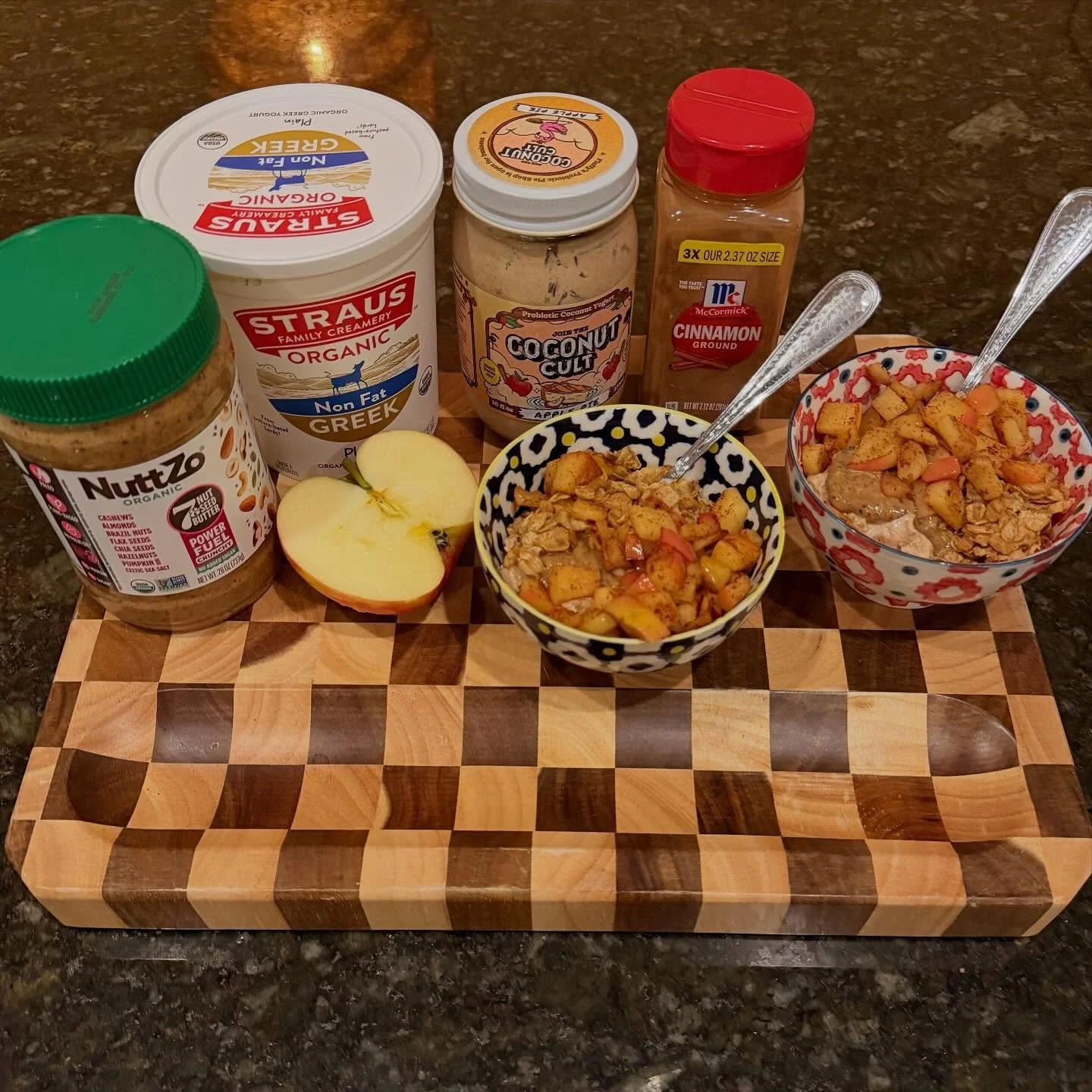 my most favorite dessert is apple crisp and this is even better!!! OMG!!!!

1/2 apple, diced &amp; saut&eacute;ed 5min in @kerrygoldusa butter with cinnamon

in each bowl combine:
1/4c @strausmilk non fat greek yogurt
1/4c @thecoconutcult apple pie y