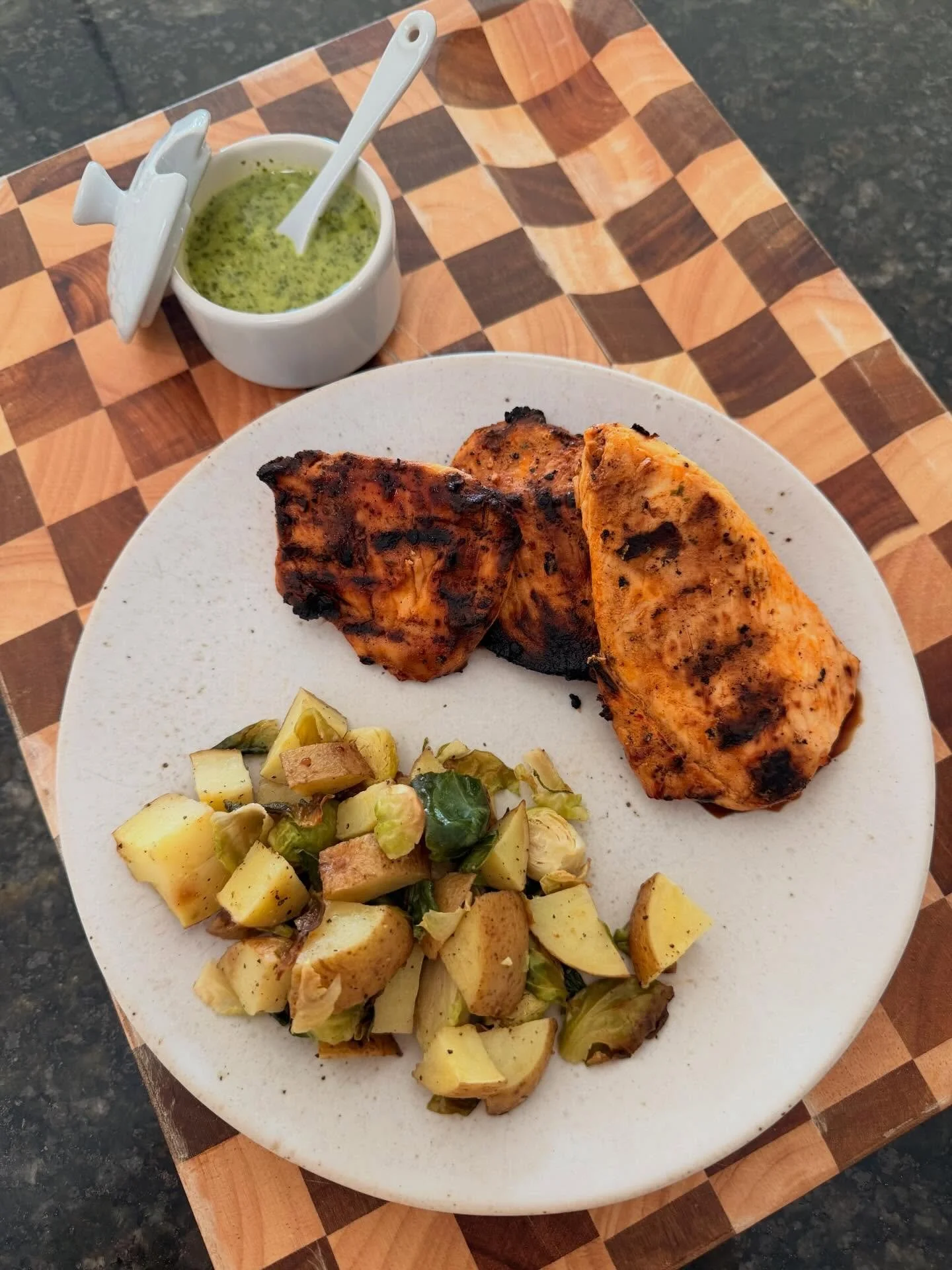 I was on the phone catching up with @jadennilsson while I was making this buffalo chicken &amp; he asked me to send the recipe. here you go son &amp; I hope you enjoy as well!!

3lbs chicken, trimmed, filleted &amp; halved
BUFFALO SAUCE
1/8c honey
1/