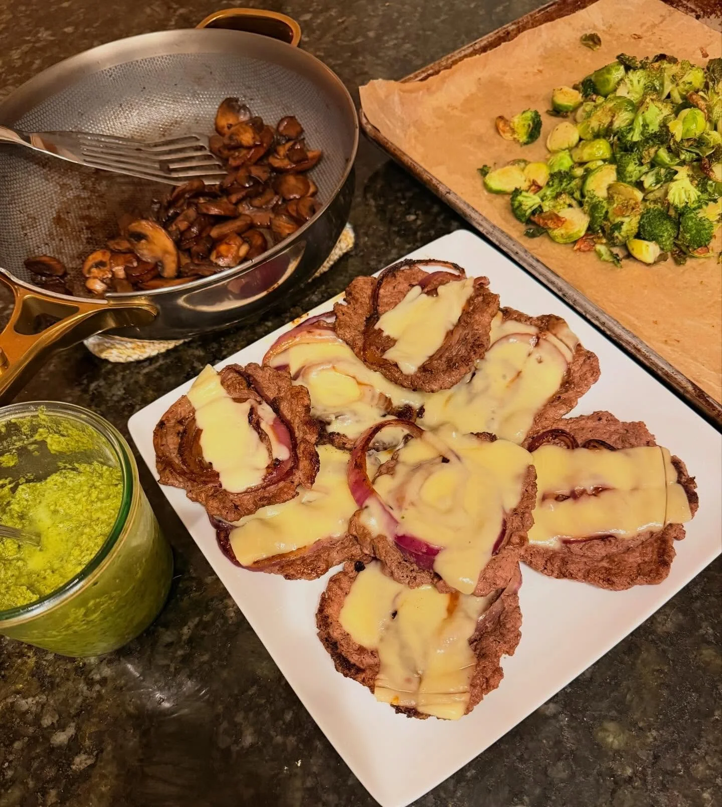 balsamic mushroom, red onion &amp; gruyere smash burgers &bull; roasted brussels &amp; broccoli &bull; jalape&ntilde;o garlic herb sauce

1 bunch cilantro
1 bunch parsley
8 cloves garlic
2 jalape&ntilde;os 
1 serrano 
juice of 2 limes, 1 lemon &amp; 