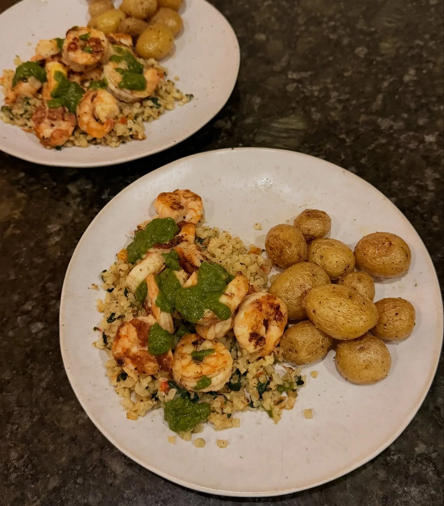 lemon butter fried shrimp (see 🥩🦐 highlight) over fried @sprouts mediterranean cauliflower rice topped with chimichurri &amp; a side of roasted herb salted baby potatoes (herbamare on amazon)

CHIMICHURRI 
1c Fresh Parsley
4 Green Onions
3 Garlic C