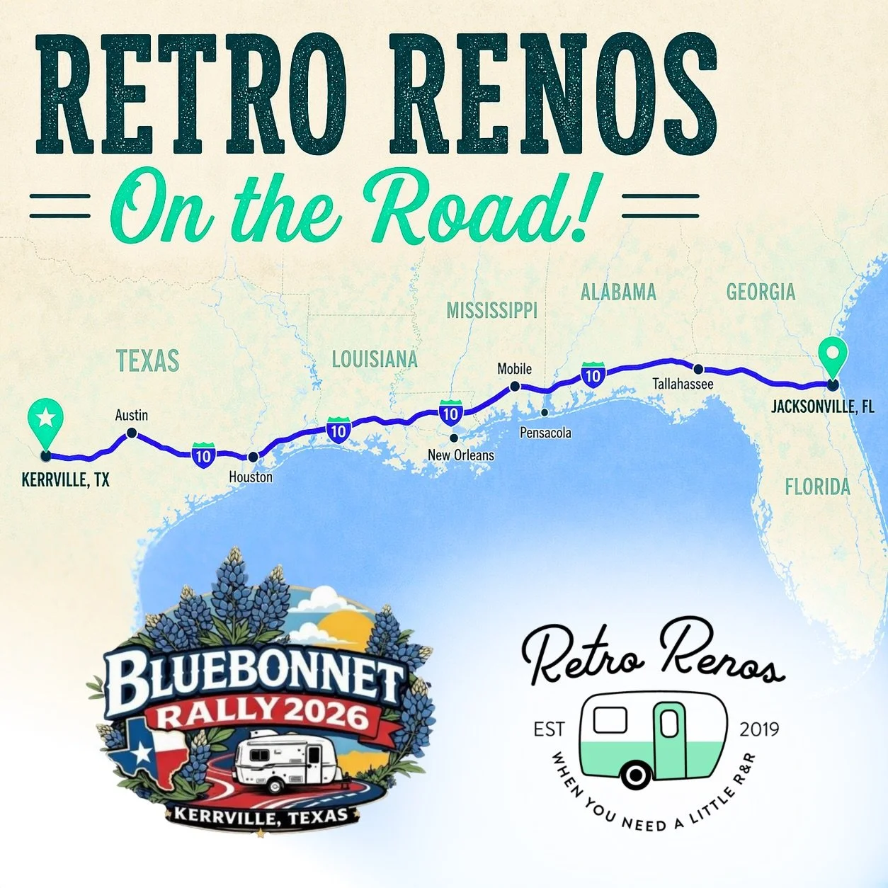 It&rsquo;s about time to hit the road! 🗺️
Our team is headed out west on I-10 to Texas! We will be landing at the Blue Bonnet Casita Rally this Friday - if you will be attending the rally, don&rsquo;t skip our seminar Saturday morning at 9:30AM for 
