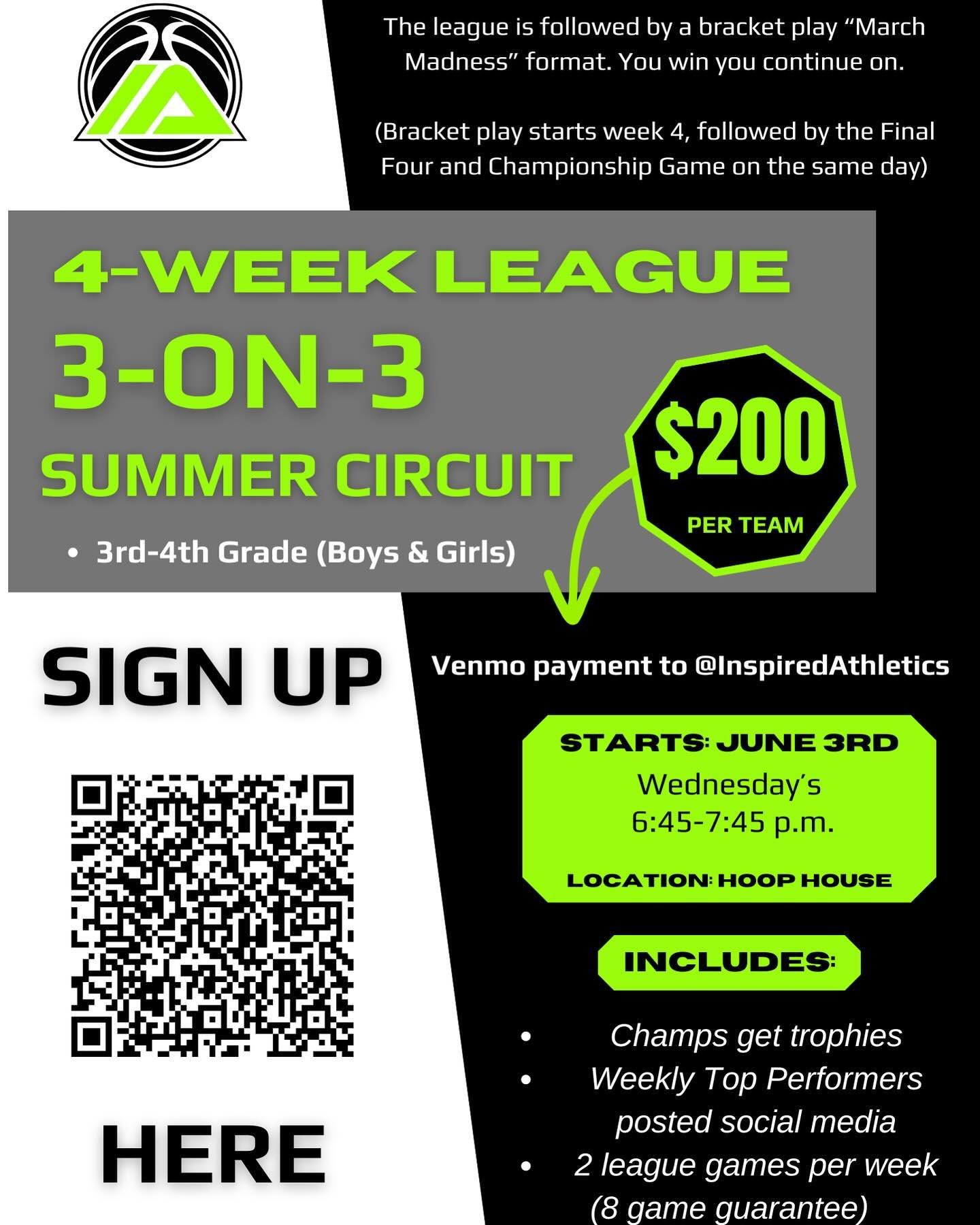 🚨 IA 3-on-3 Summer Circuit 🚨

We are holding a 4-week summer circuit for all 3rd &amp; 4th graders that starts June 3rd. 

Cost: $200/team (Venmo @inspiredathletics) 

Use the QR code below to sign up today or follow this link: https://shorturl.at/
