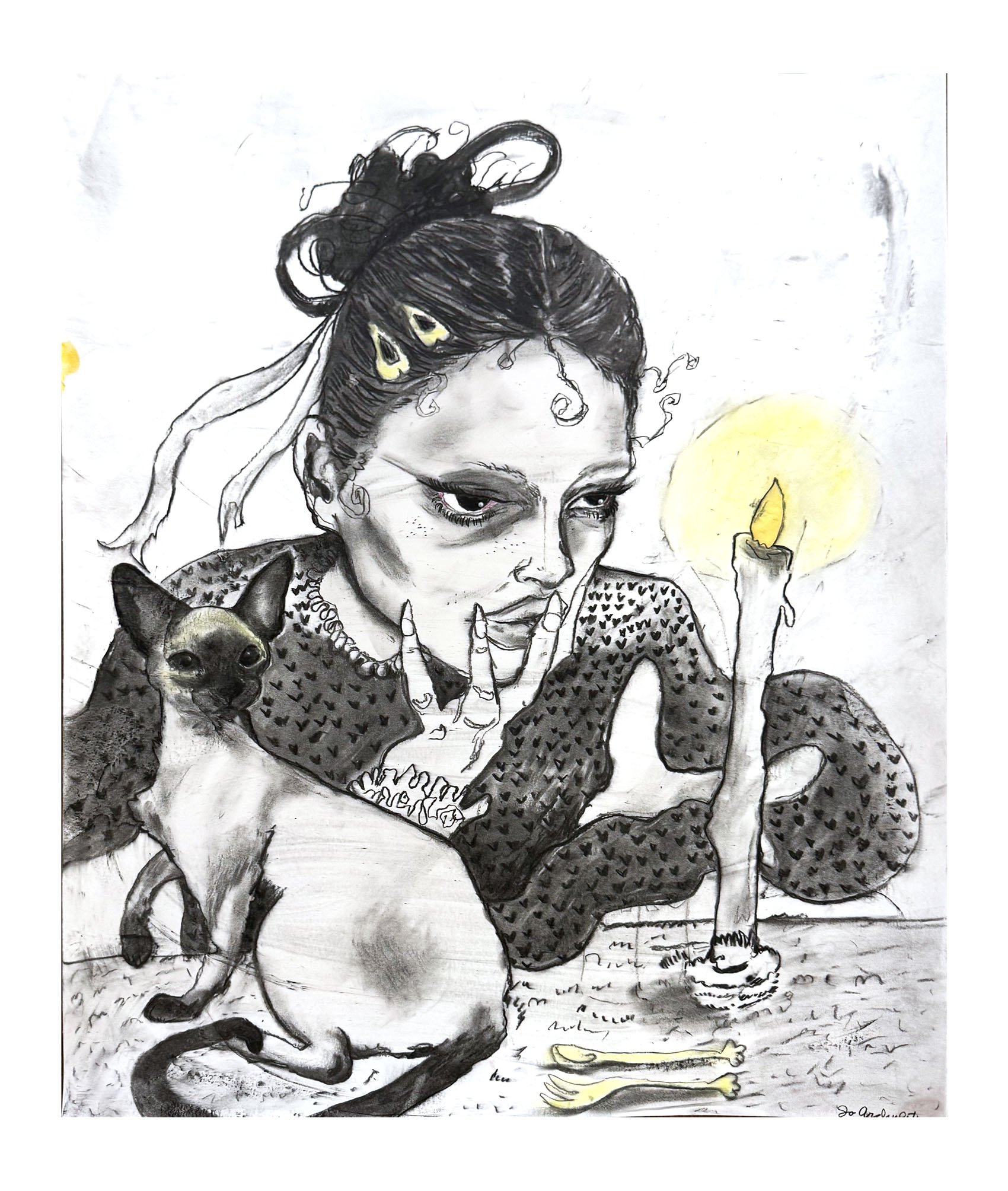 "Woolgathering", 2025, Charcoal, chalk pastel, gemstone on paper, 18 by 24 inches.