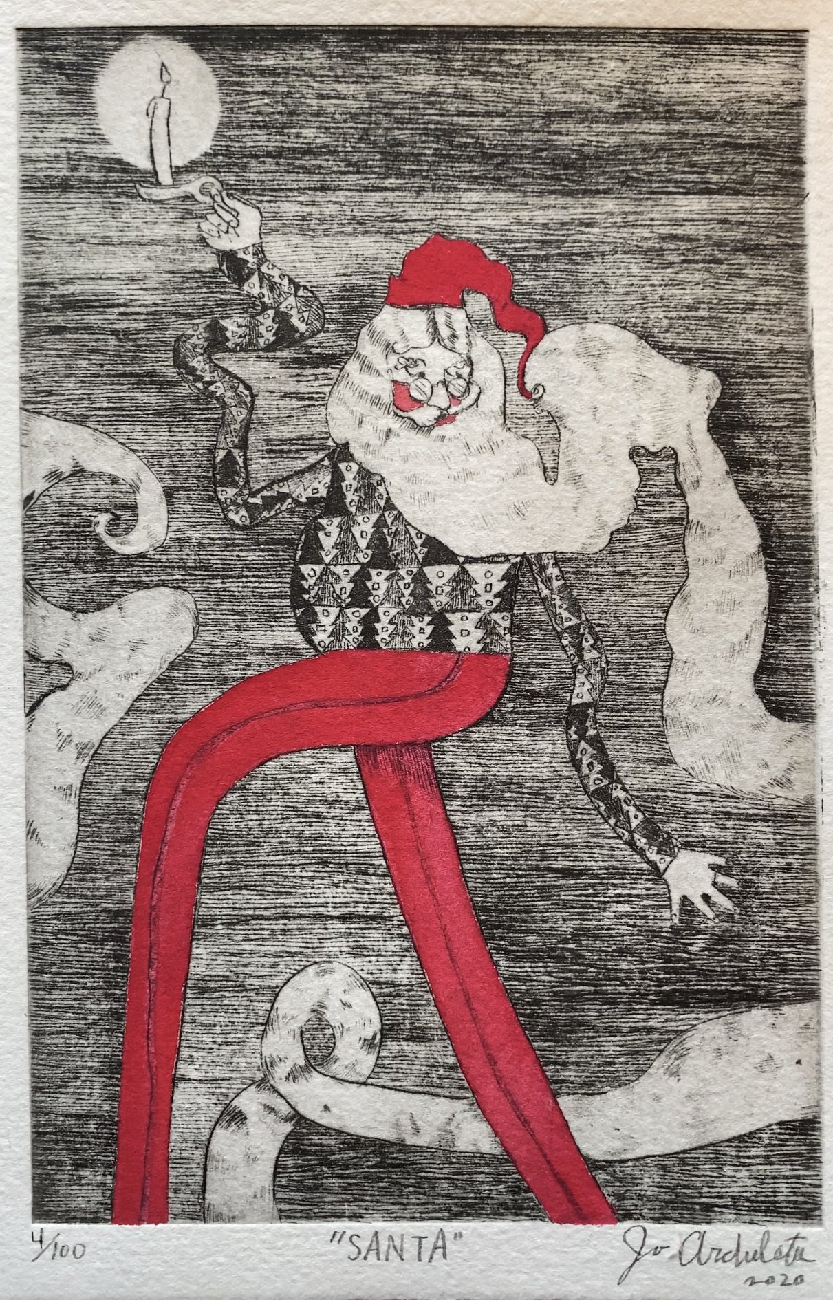 "Santa", 2020, copper etching, gouache