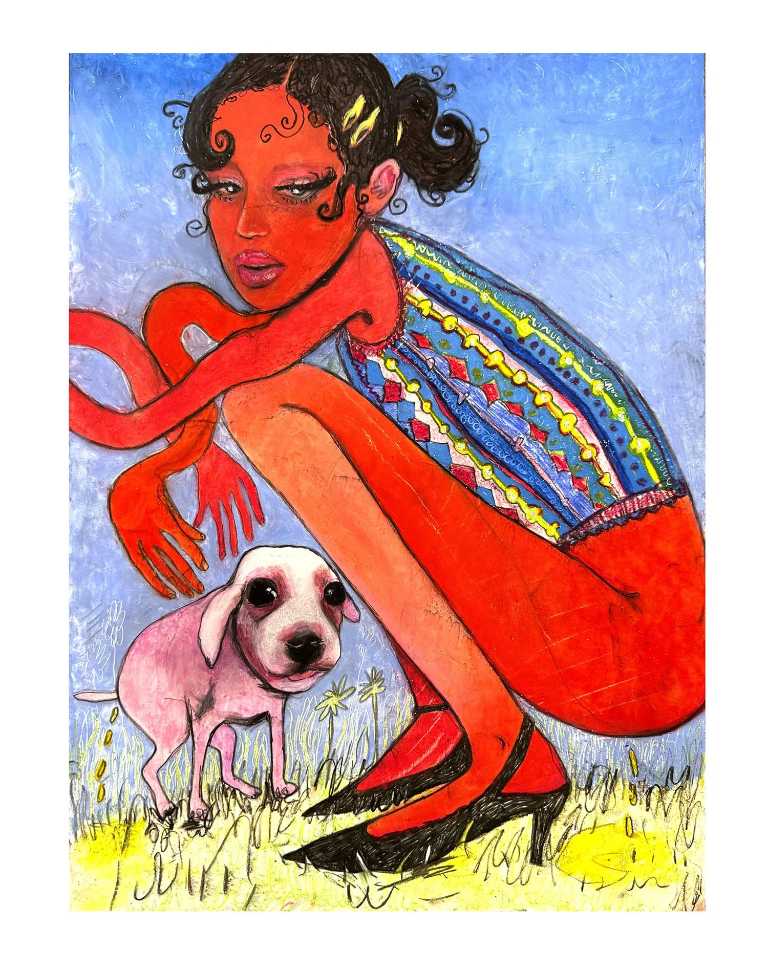 "Piddle & Pee", 2025, Oil stick, charcoal, collaged paper, color pencil, glitter on paper, 18 by 24 inches.