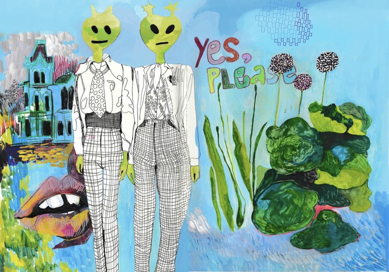 "Yes, Please", 2022, 8 in x 10 in, pen, color pencil, gouache on paper