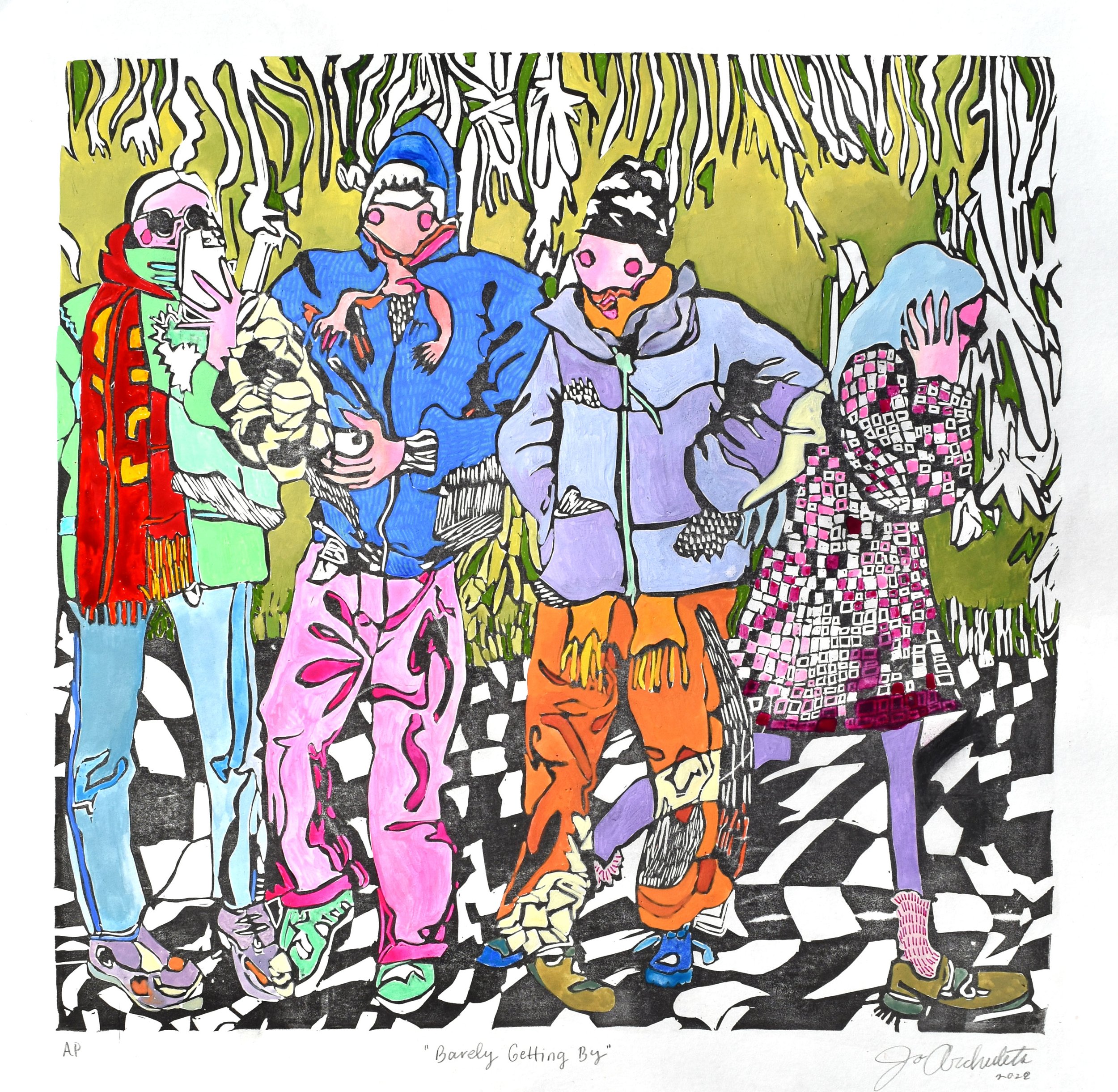 "Barely getting by", 2022, 11in x 11in, hand colored (gouache, colored pencil, paint pen) linograph print on paper