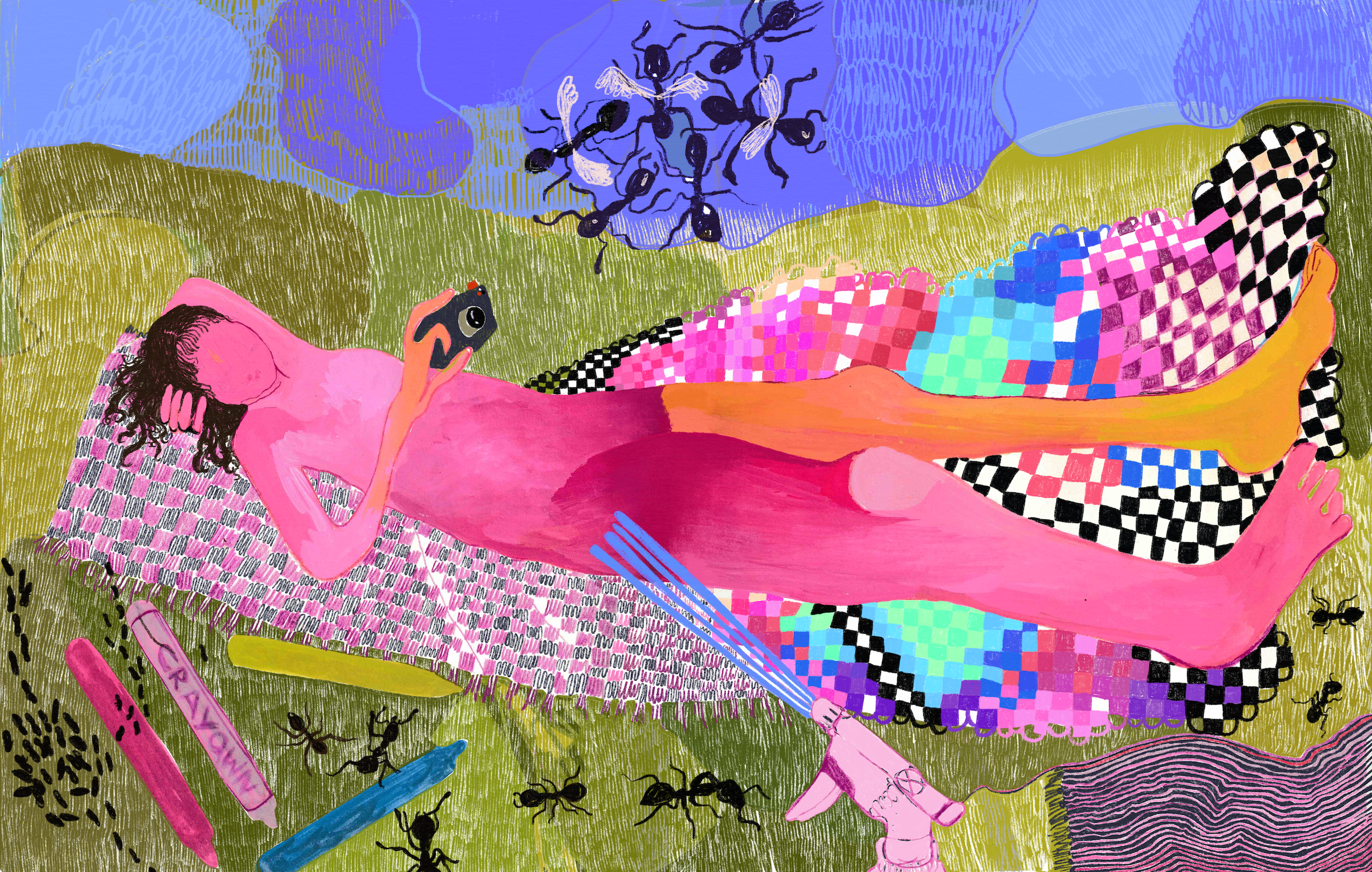 "Alates, Lying in the grass", 2021, gouache/digital