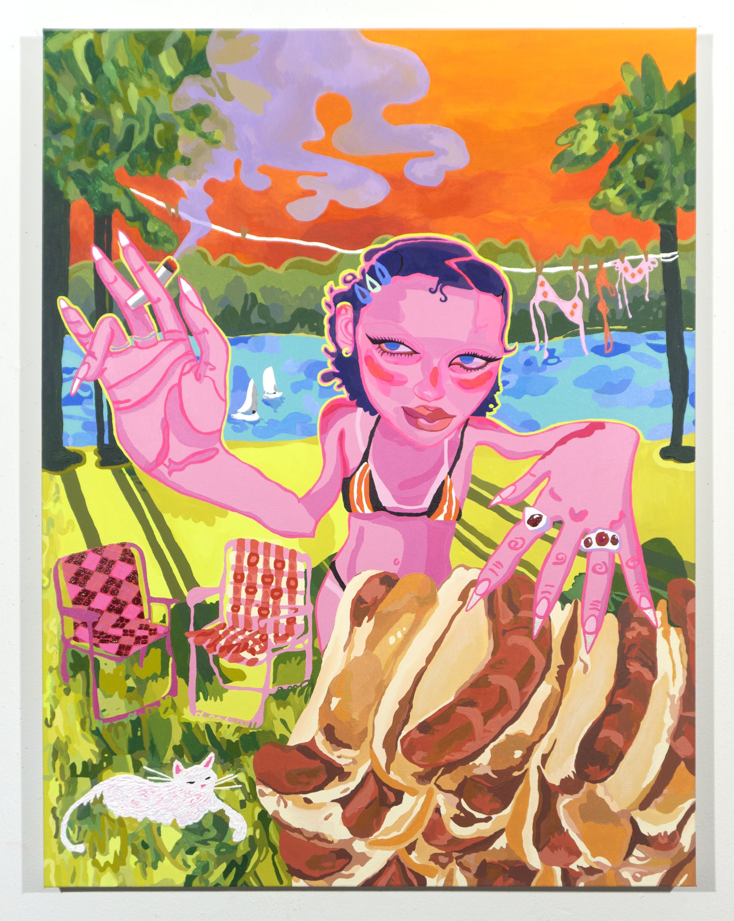 "July, Glizzy Gobbler", 2023, 30 x 40 inches, acrylic, acrylic gouache, color pencil on canvas