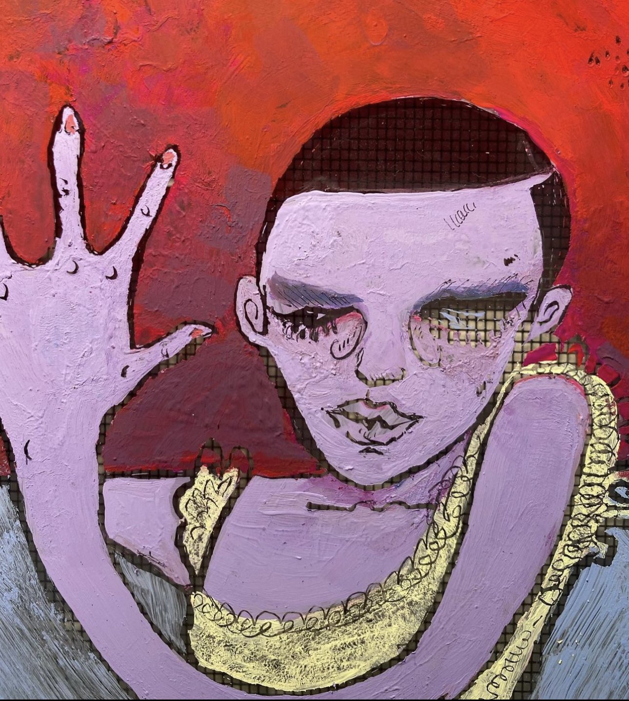 Detail from "Horesie Named Crack-up", 2022, acrylic gouache, latex paint on window