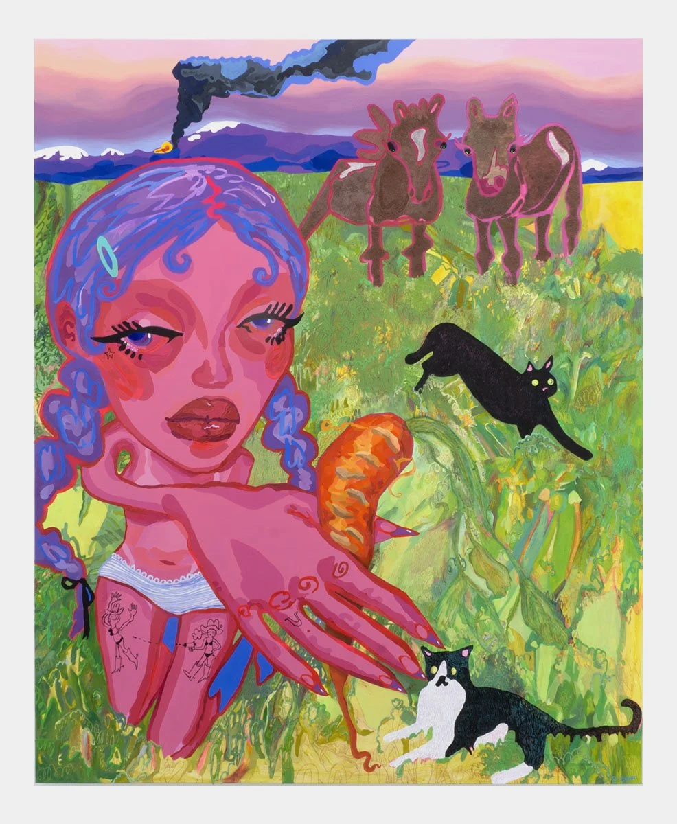 "Hunny, Brumbies & Lonesome", 2023, 48 x 60 inches, acrylic, acrylic gouache, color pencil, foam, glitter on canvas.