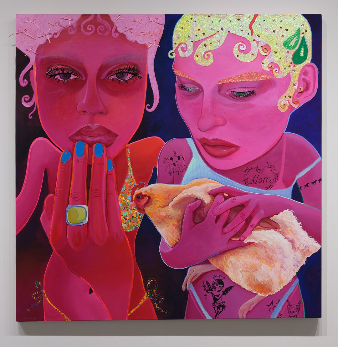 "Two Chicks & A Friggin Rooster", 2024, 48 x48 inches, acrylic, acrylic gouache, collaged paper, color pencil, glitter, gems, stickers, ribbon on canvas