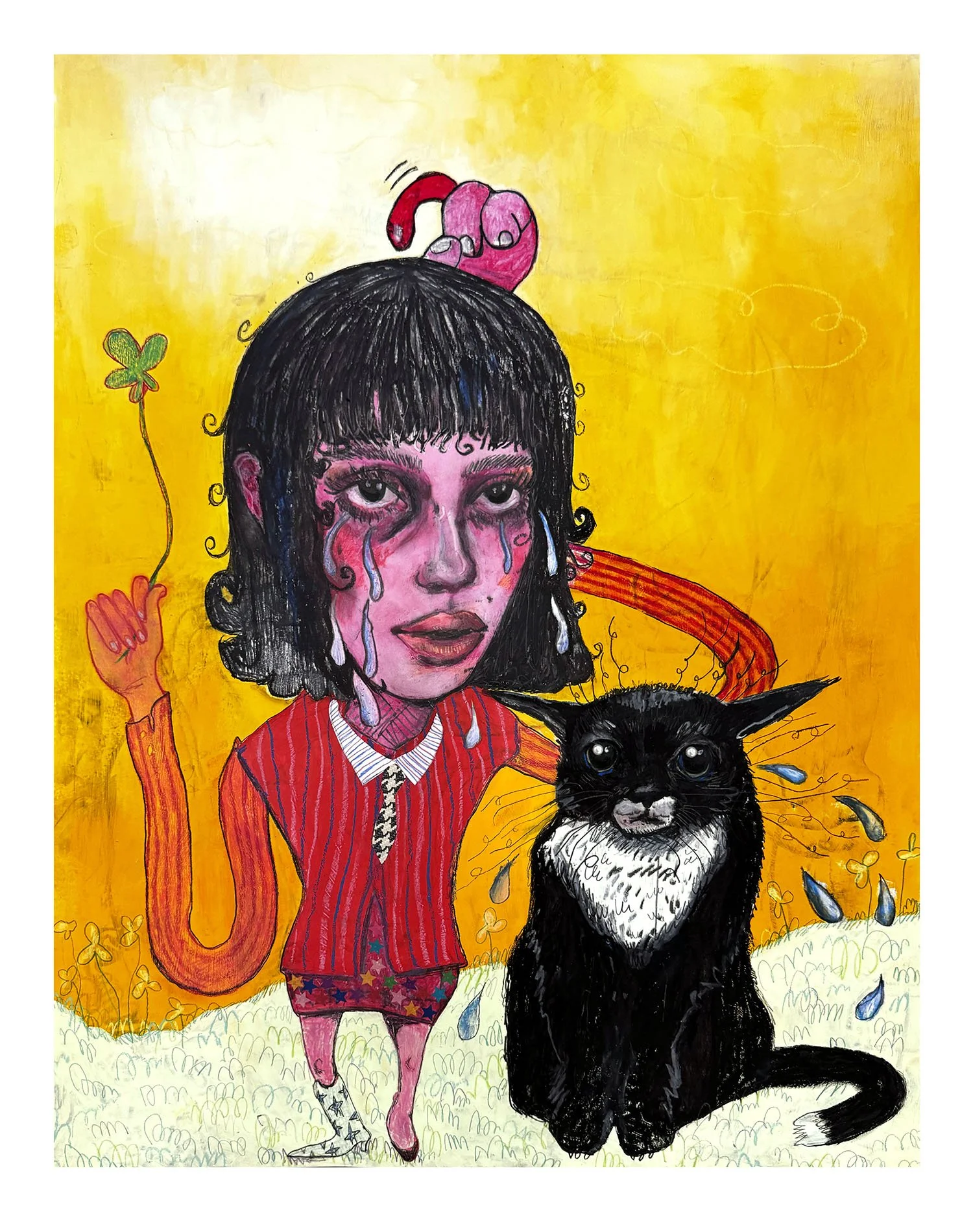 "I Can Never Find A Four Leaf Clover", 2025, Oil stick, charcoal, collaged paper, color pencil, acrylic, gemstone on paper, 18 by 24 inches.