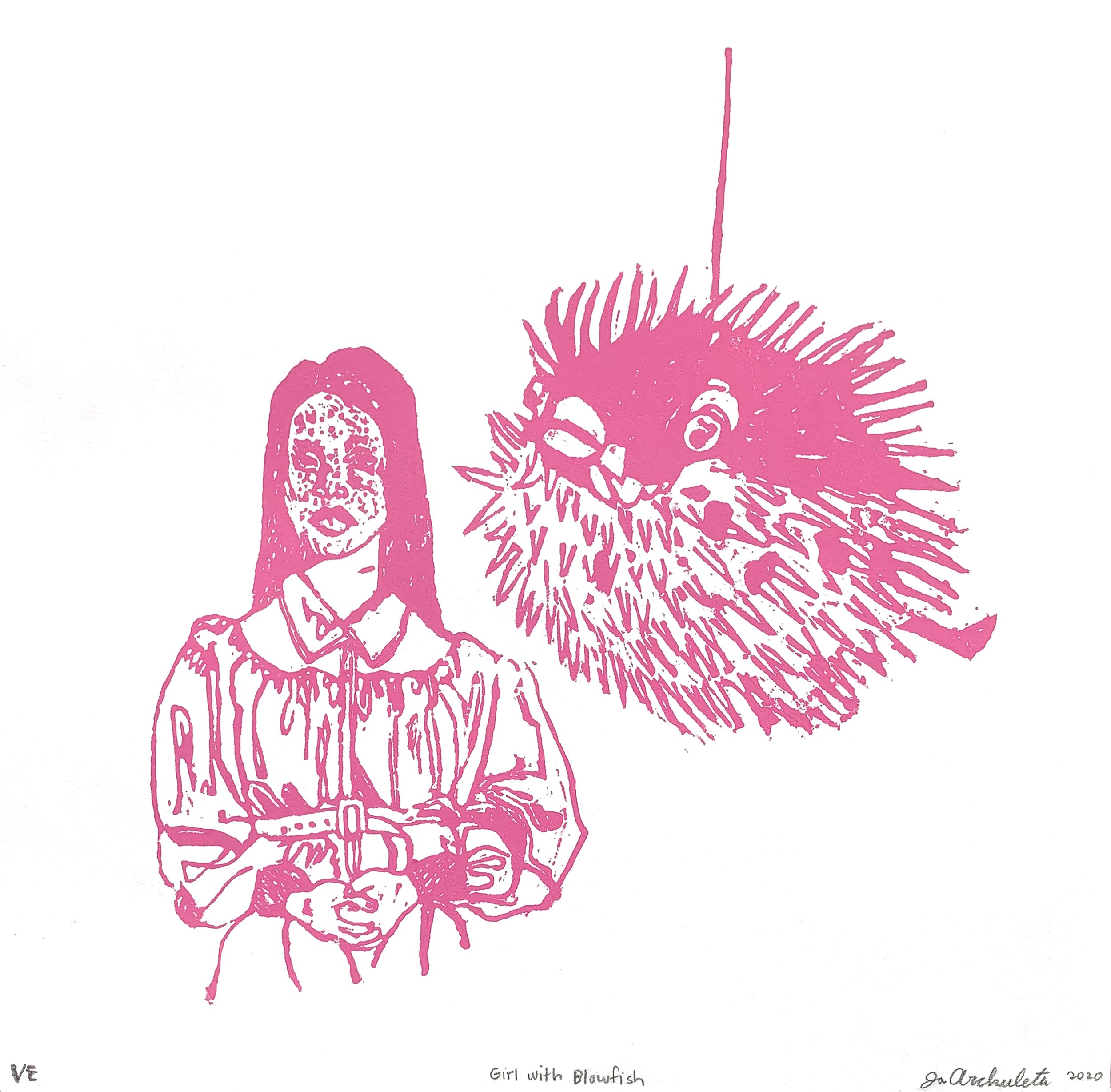 "Girl with Blowfish", 2020, relief print