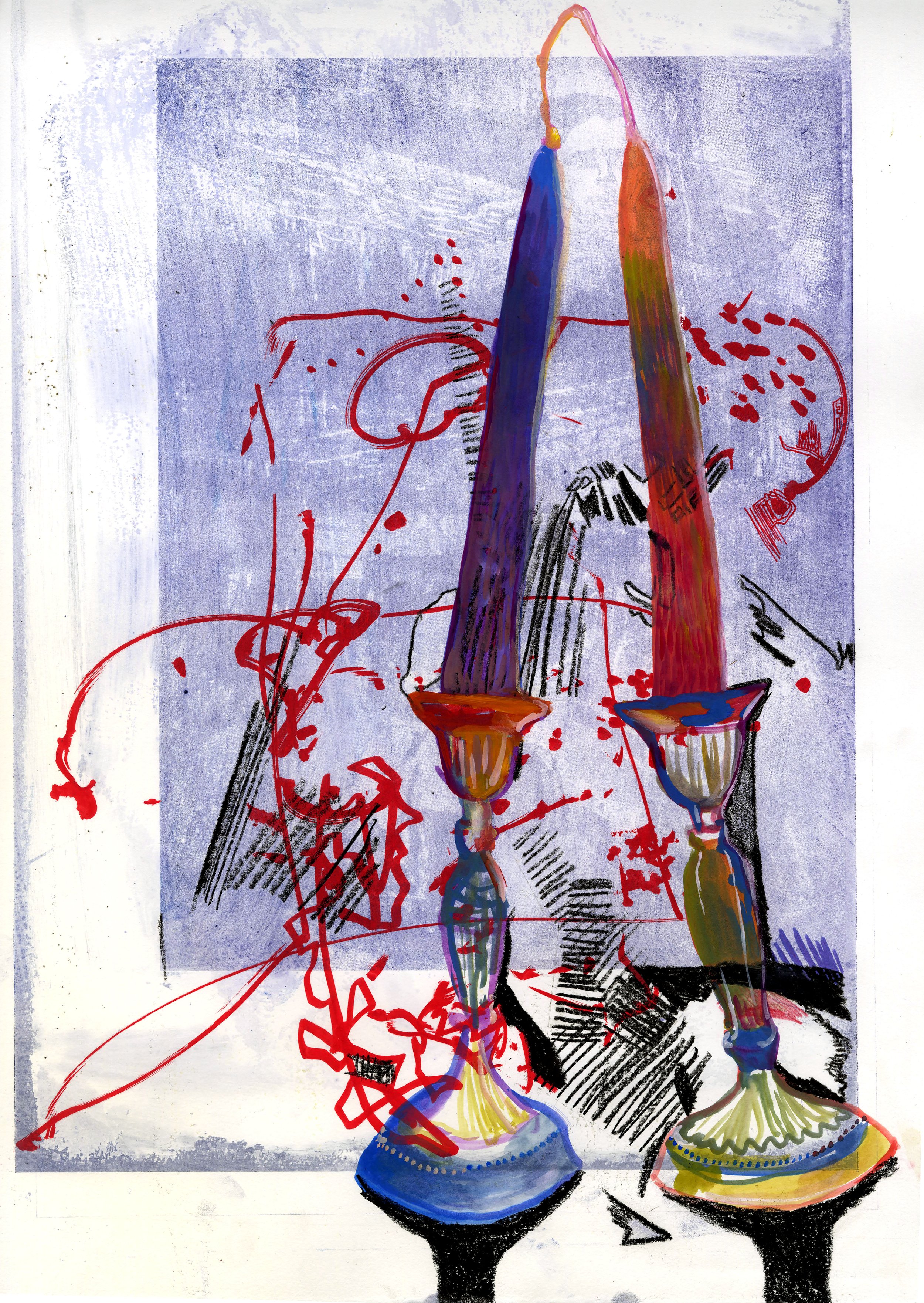 "Candles", 2019, gouache on pronto plate monoprint