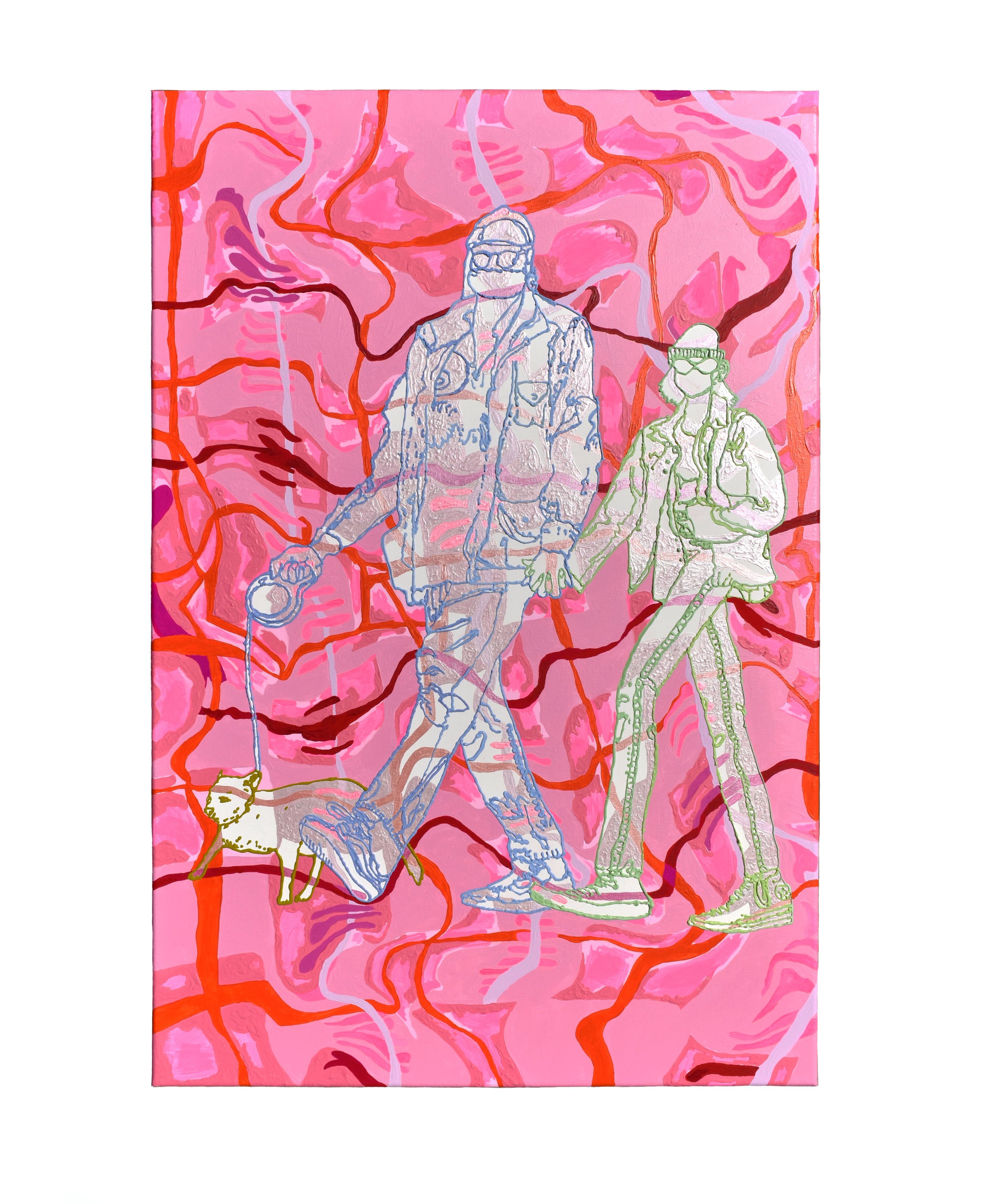"Touch starved, and a dog", 2022, 24 in x 36 in, acrylic gouache, acrylic, colored pencil on canvas