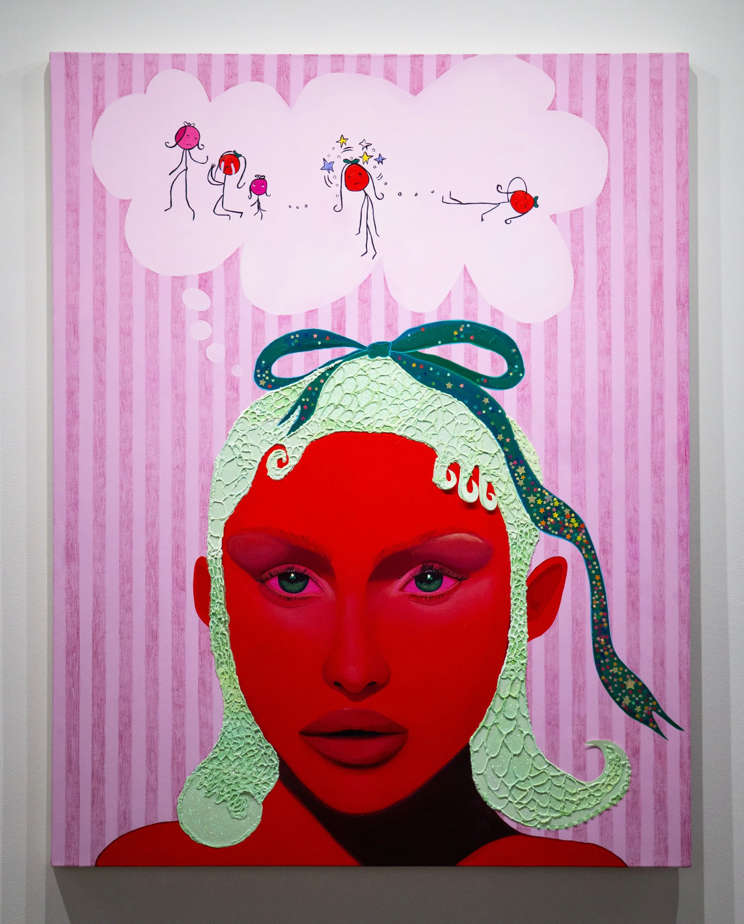 "Hiraeth", 2025, 48 x 60 inches on canvas, acrylic, acrylic gouache, collaged paper, glitter, color pencil, stickers.
