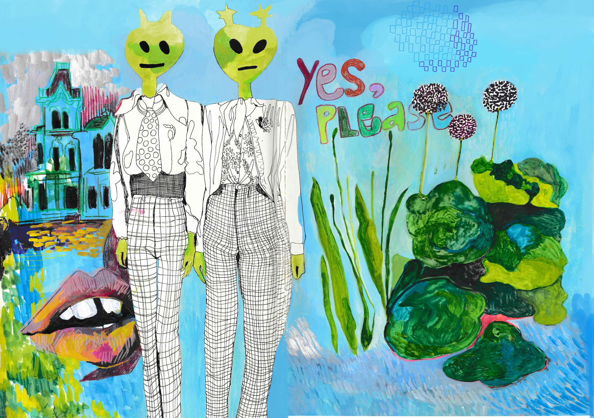 "Yes, Please", 2021, gouache, pen, colored pencil/digital