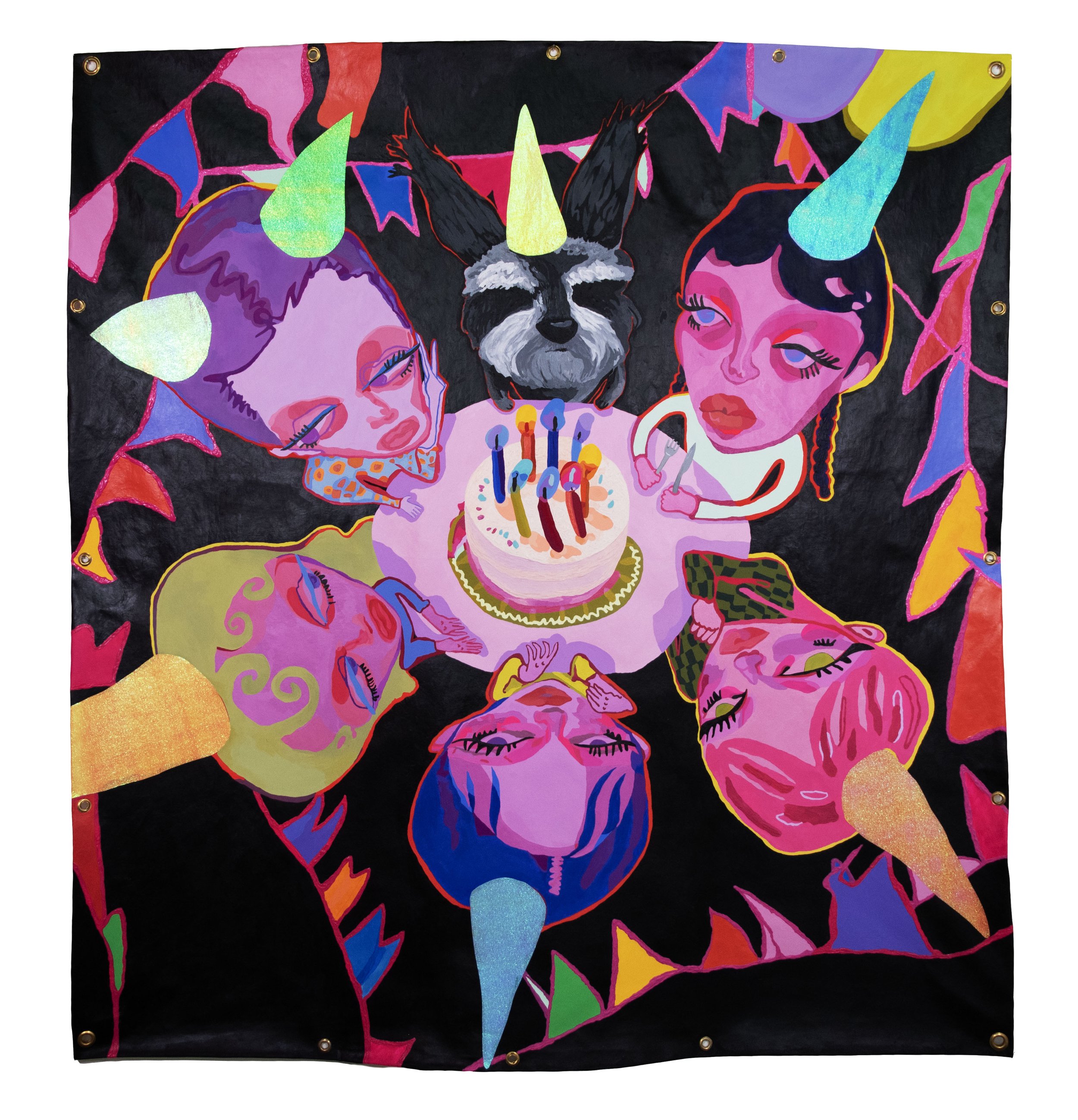 "April, Birthday Again", 2023, 55 x 55 inches, Acrylic gouache, acrylic, color pencil, collage on canvas.