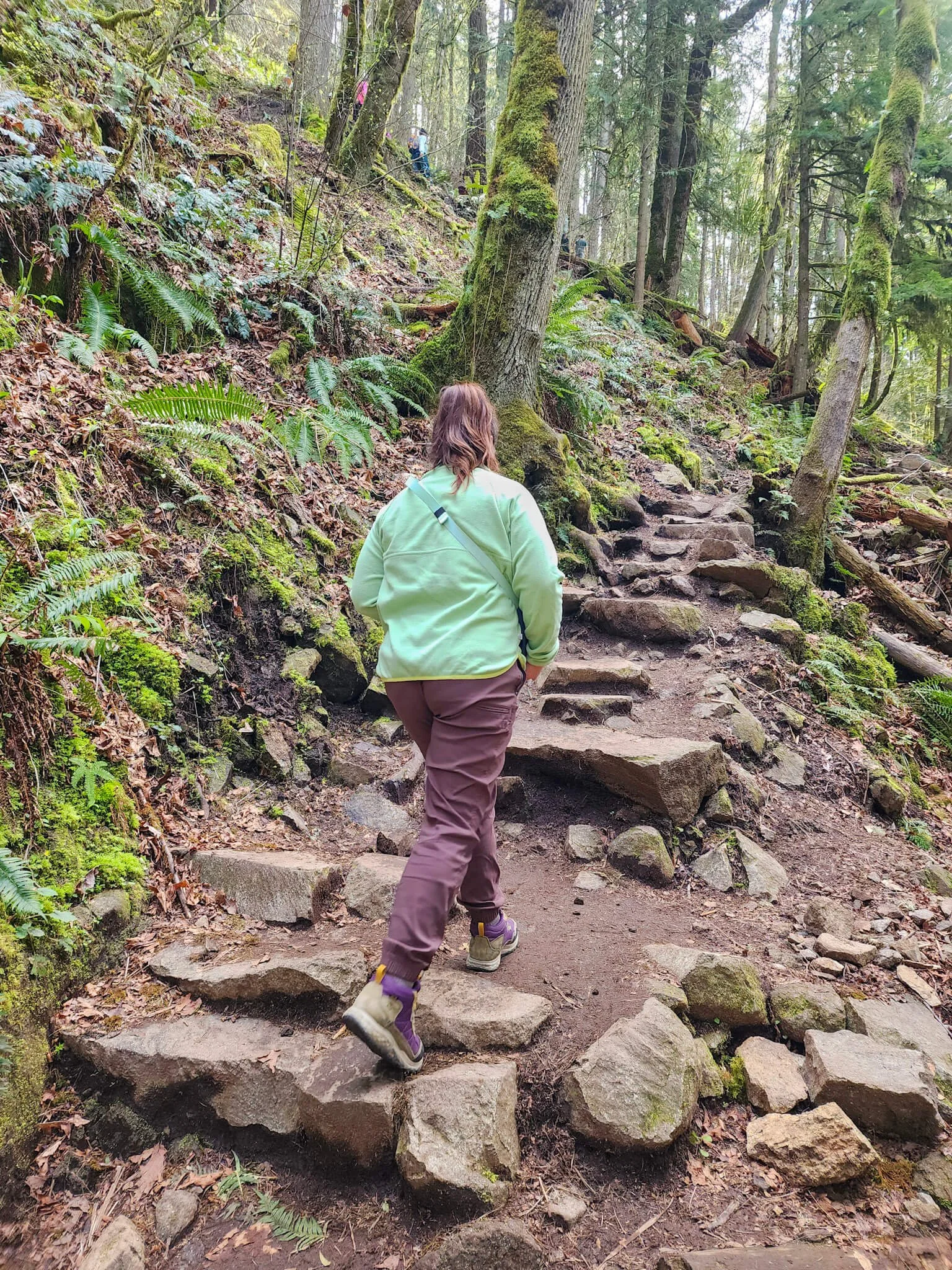 Girl walking up stone stairs on a trail in Washington state with lush vegetation around her.
