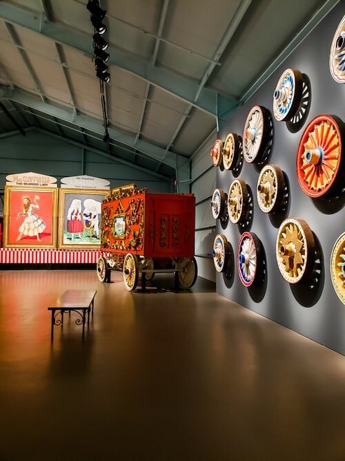 Vintage circus carriage wheels on display at the Ringling Museum in Florida