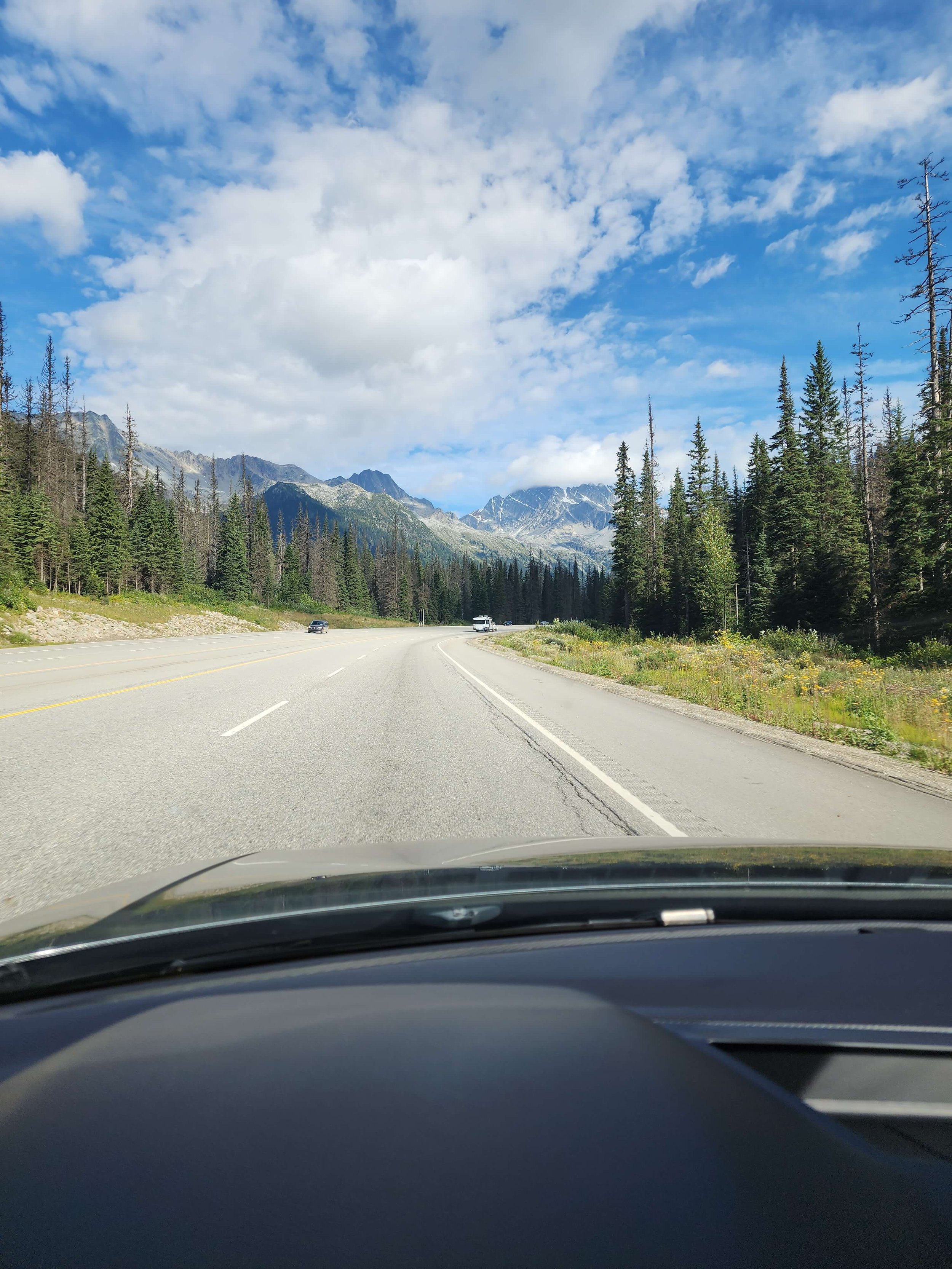 Road view driving into the Canadian Rockies from the west.