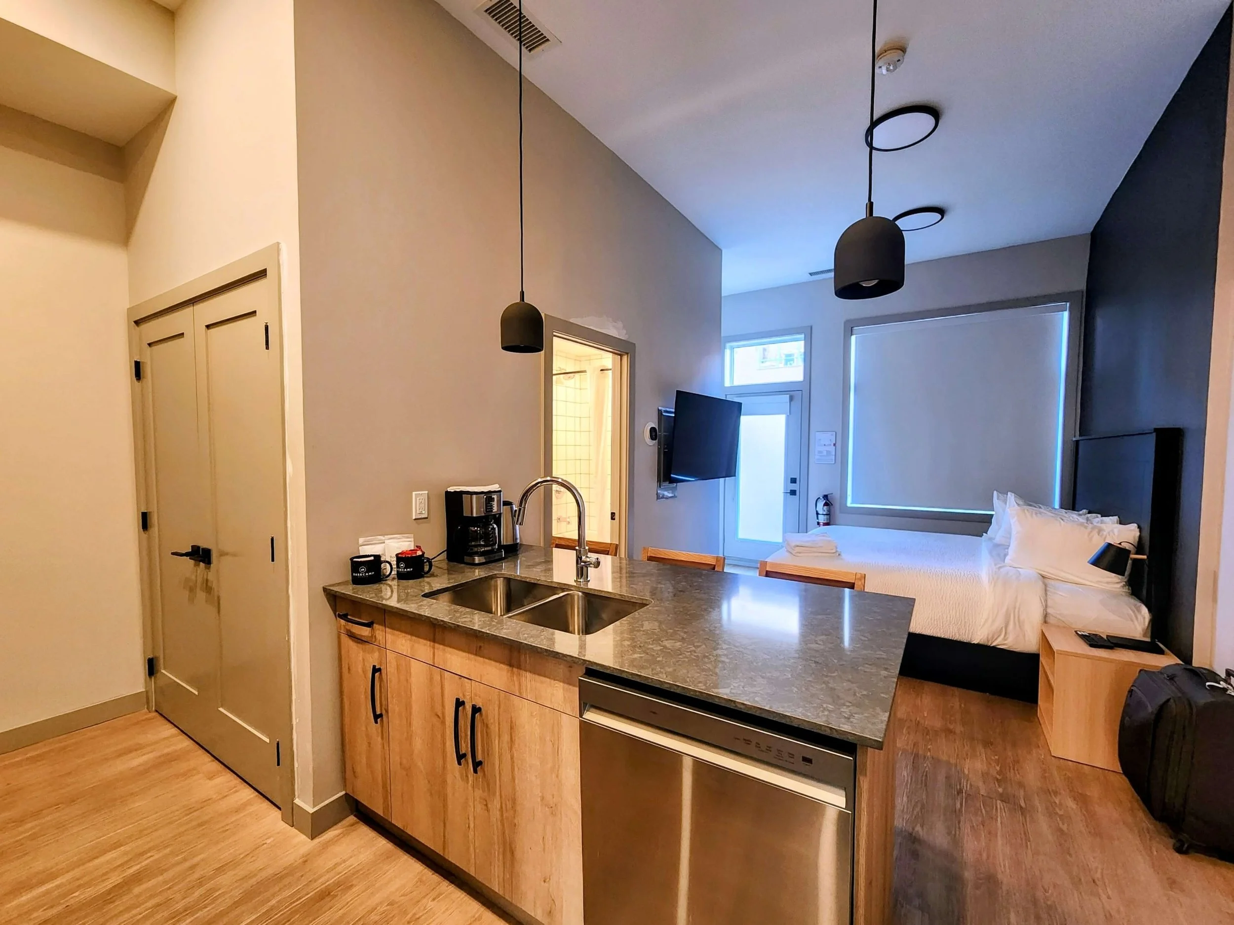 Interior view of a one bedroom suite at Basecampe Suites Revelstoke in British Columbia.