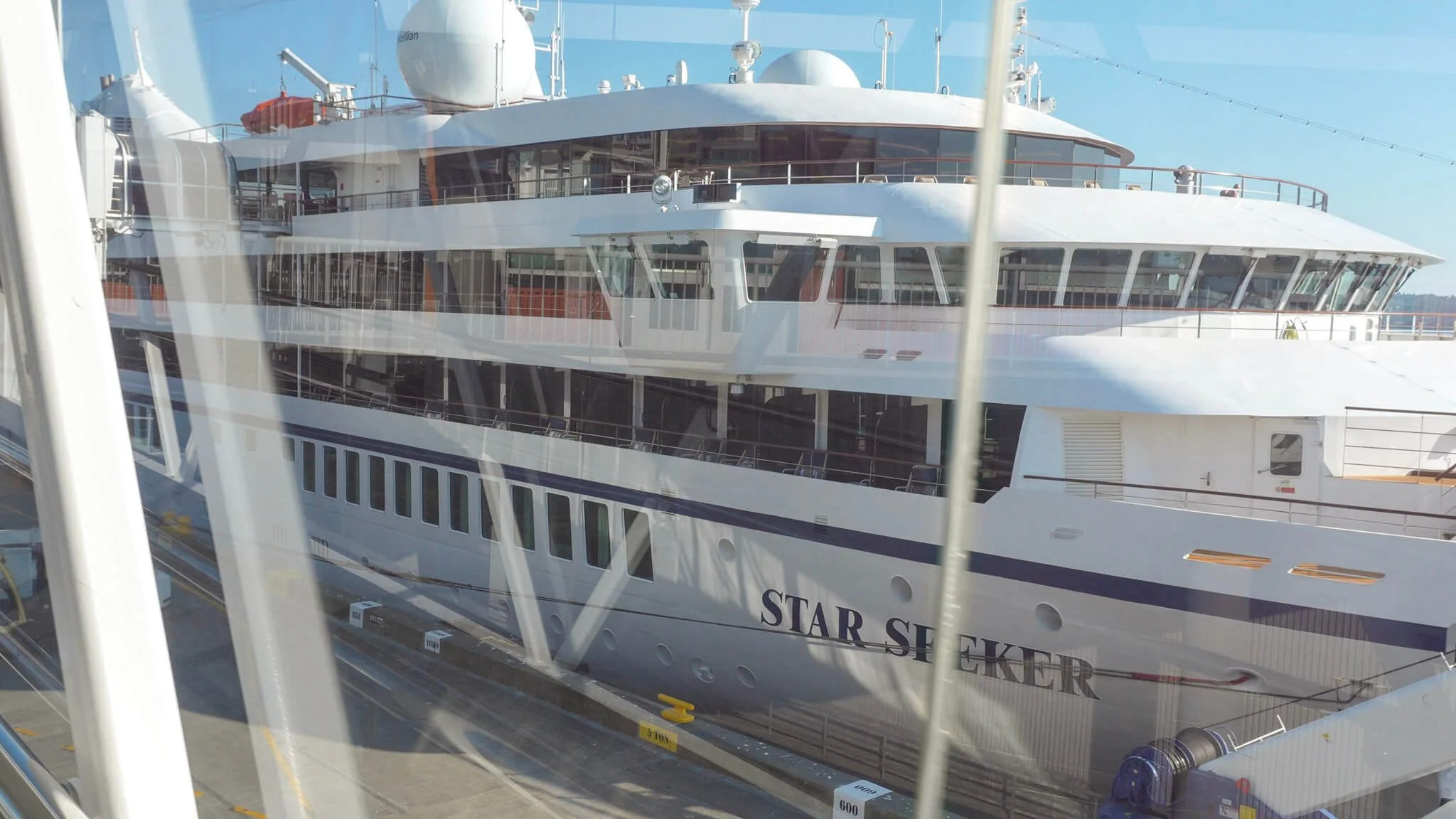 Exterior view of Windstar Star Seeker from the gangway while docked in Seattle.