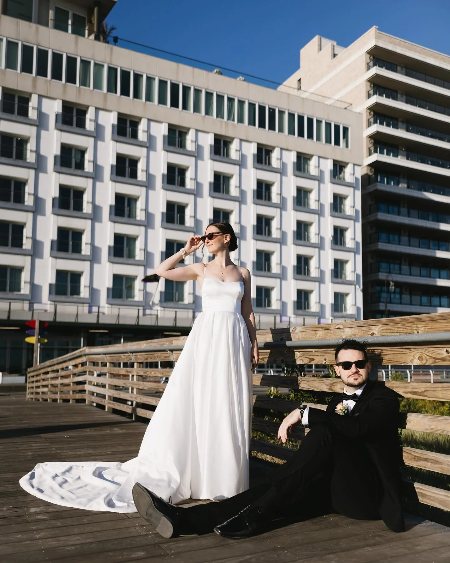 Gimme that sunshine 🕶️

A lovely beach day celebrating Katie &amp; Tom!

Couple: @classiclays @astronomical.t.k 
Venue: @allegriahotel 
Hair &amp; Makeup: @wishuponabride 
Florist: @doristhefloristt 
Dress: @vagabond_bridal 
Tux: @calvinklein 
DJ: @