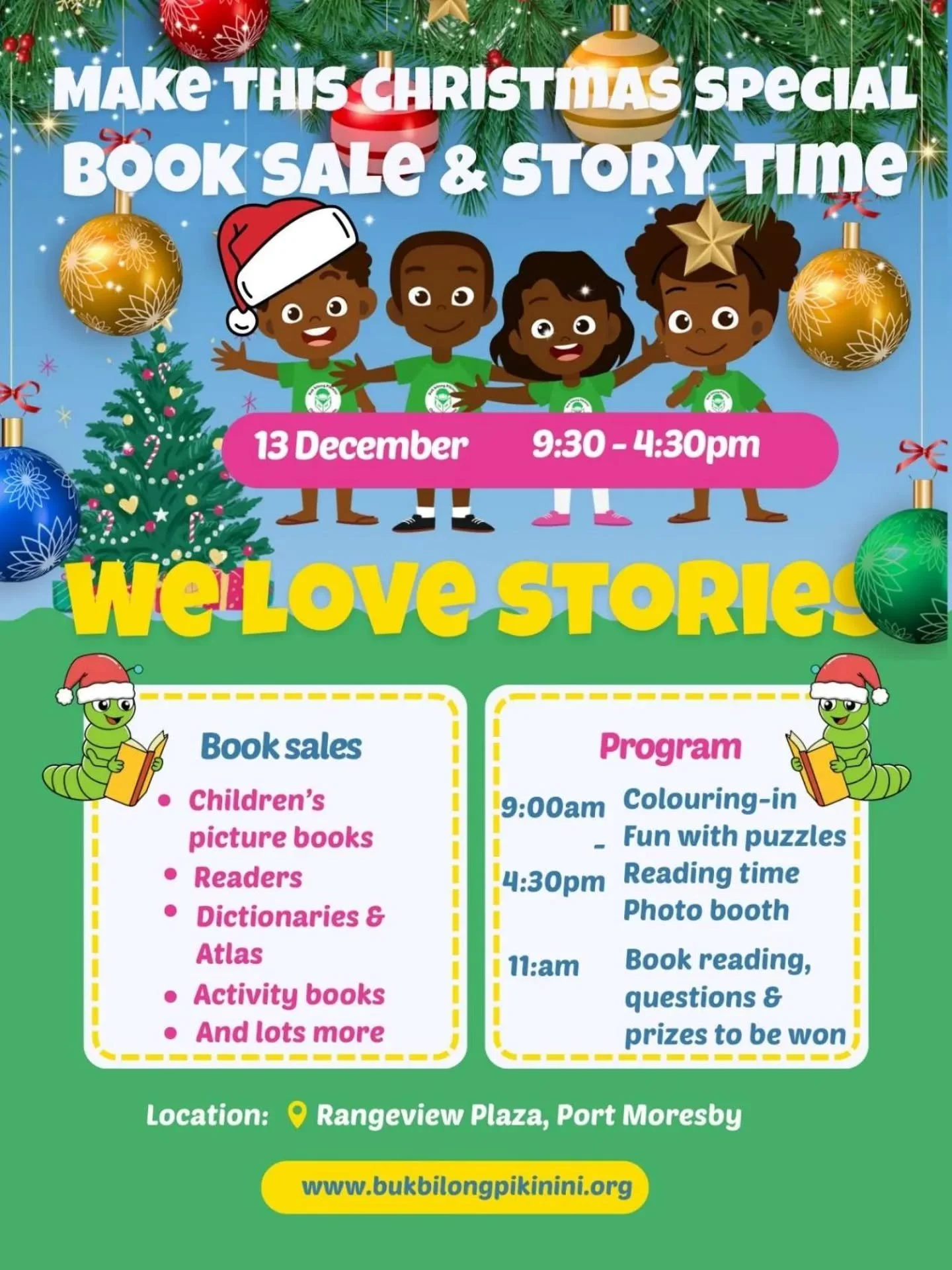 🎄 Make this Christmas extra special with our Book Sale &amp; Story Time at Rangeview Plaza, Port Moresby!

Join us on 13 December (9:30am &ndash; 4:30pm) for a day full of colouring fun, puzzle games, reading time, a photo booth, and so much more. P