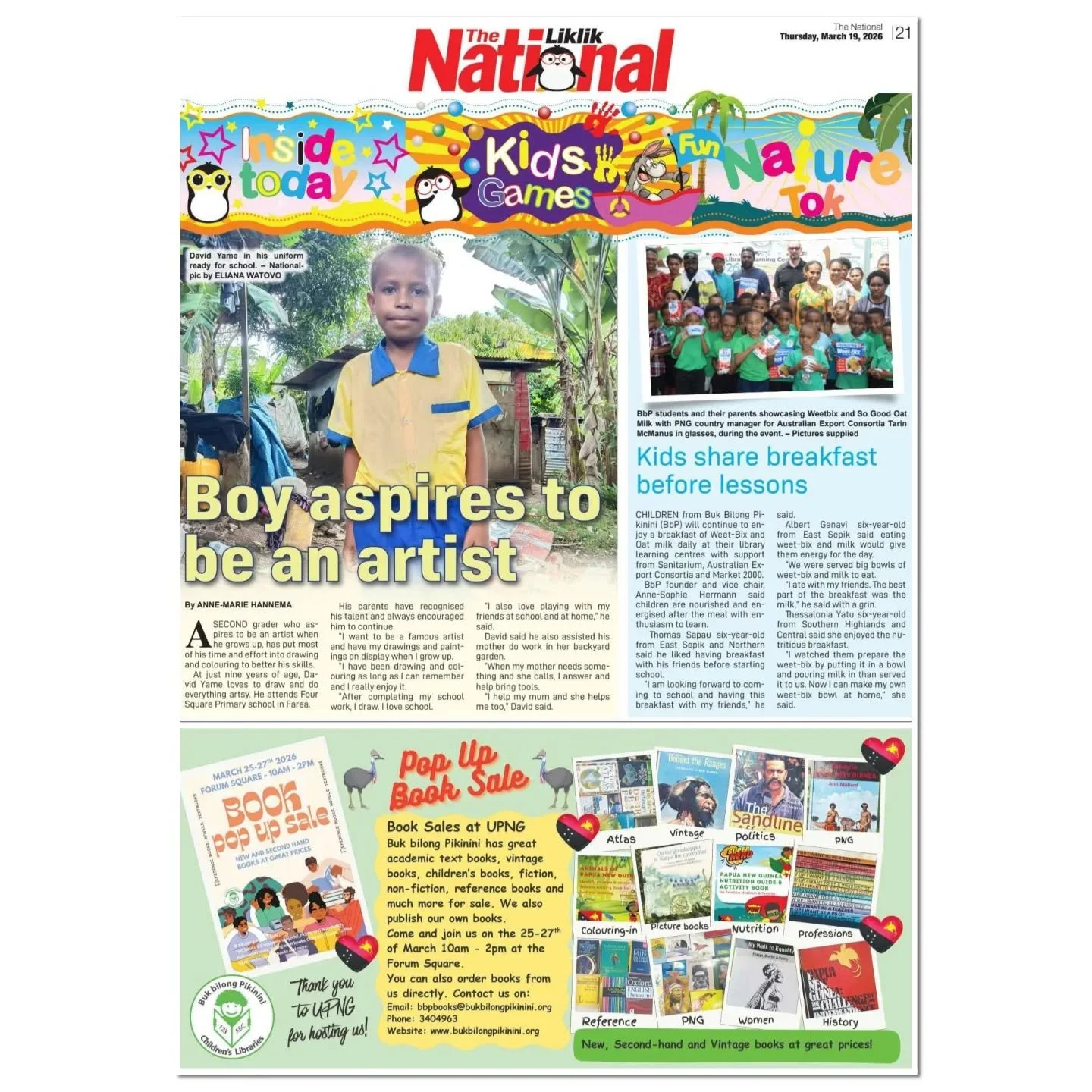 It&rsquo;s wonderful to see Buk Bilong Pikinini children featured in The National, highlighting the importance of a healthy breakfast to start their learning day. 📚🥣
Through this support, our children are nourished, energised, and ready to learn, p