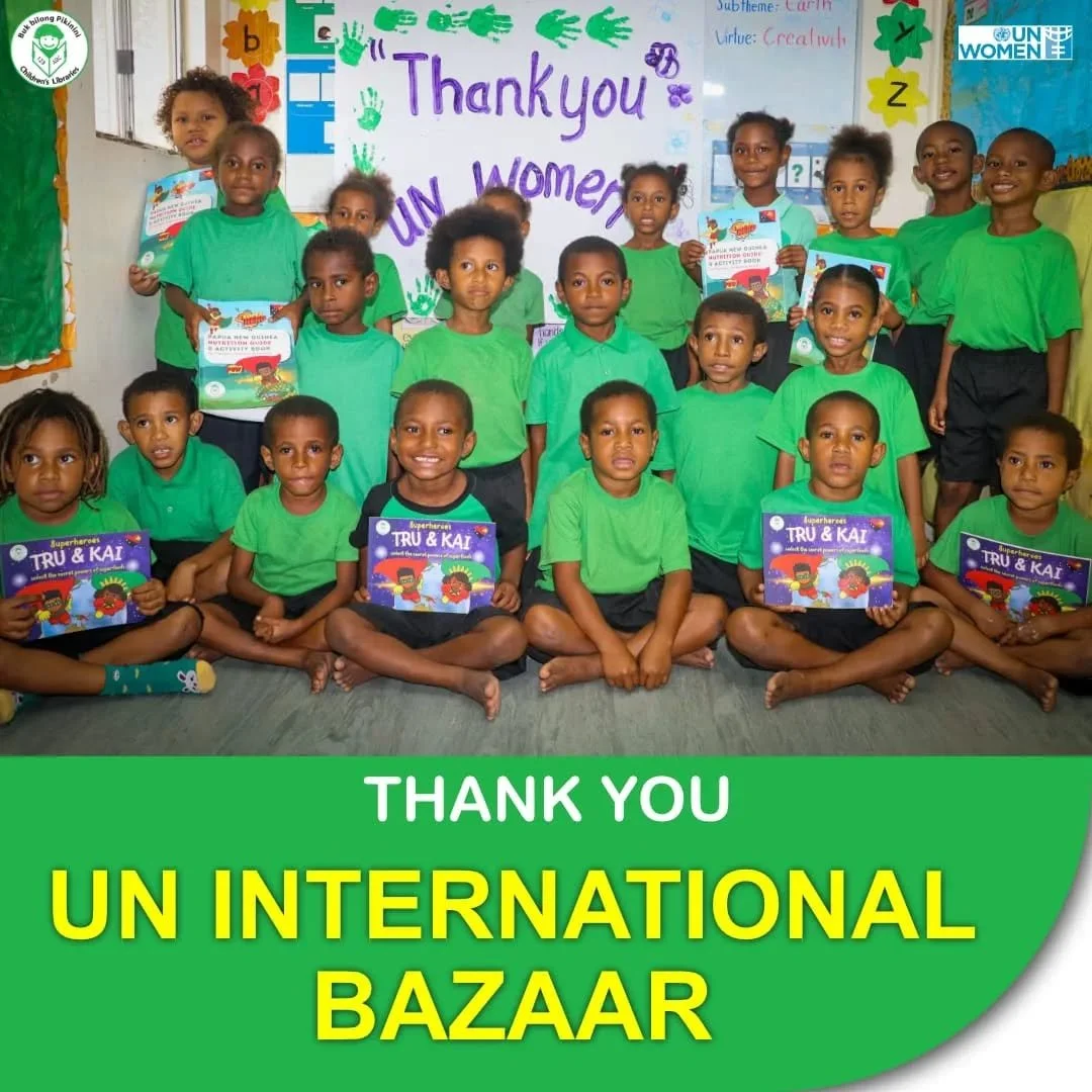 Buk bilong Pikinini is proud to acknowledge the generous support of K63,000 from UN International Bazaar towards our Nutrition Education Program.

At our Library Learning Centers, we go beyond books creating safe and engaging spaces where children le