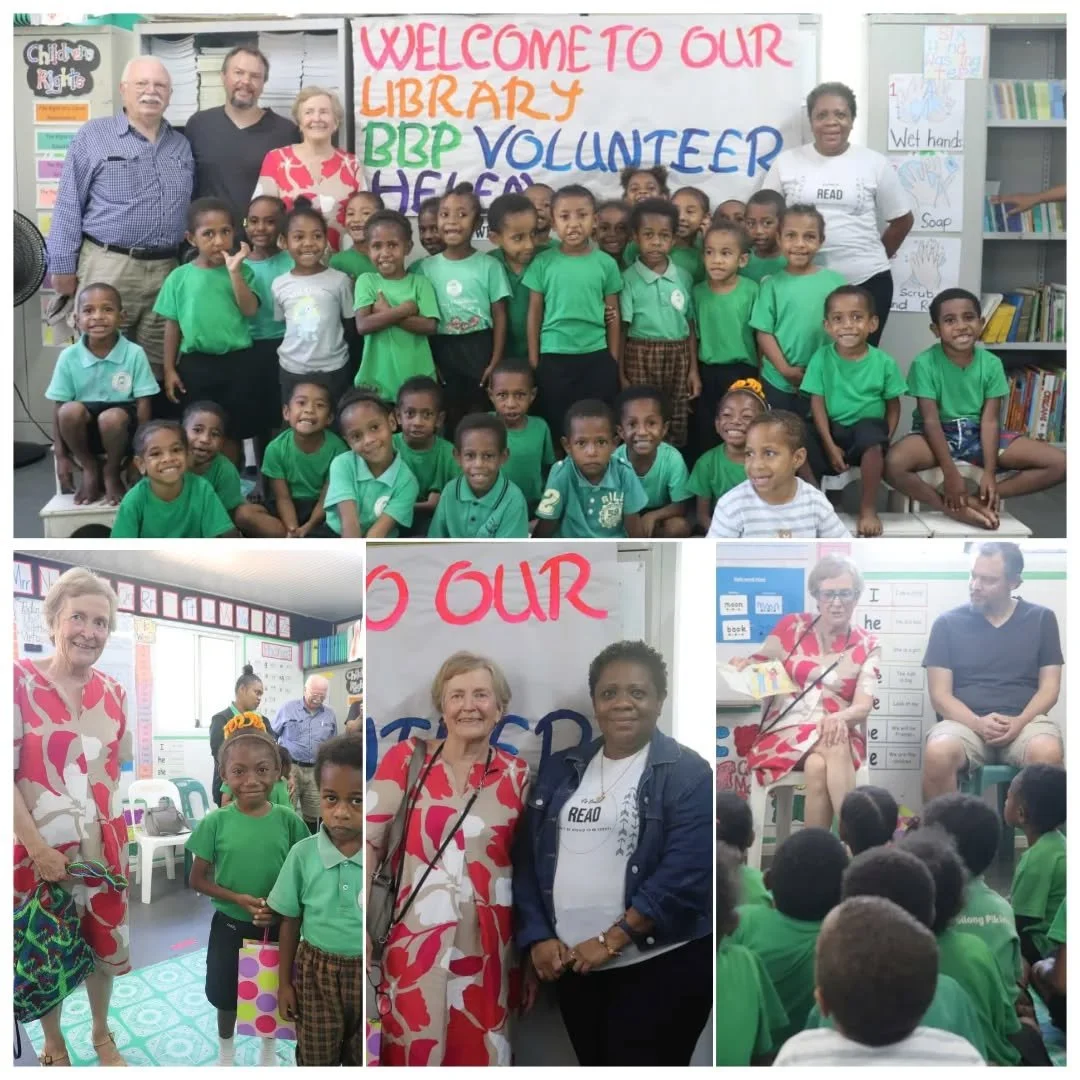 Children at our UPNG Library had the pleasure of welcoming Helen Deutsch, her husband Les Deutsch, and their son Adam Deutsch to the UPNG Library. Helen has been volunteering at our Canberra Warehouse for 5 years, and it was wonderful to finally meet