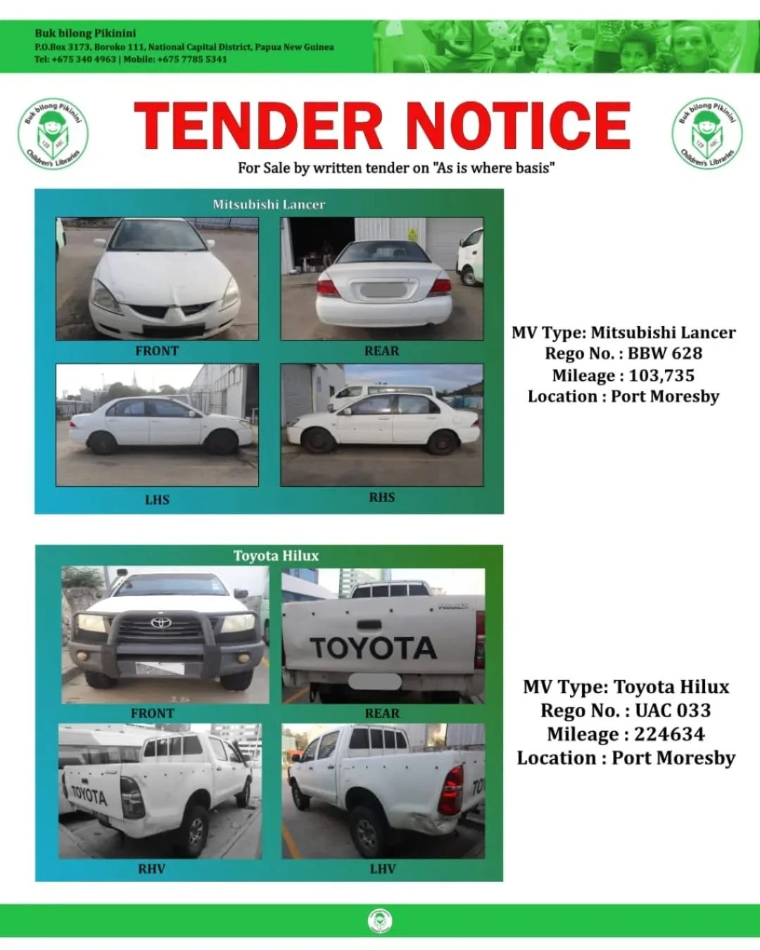 🚗 BbP TENDER NOTICE &ndash; VEHICLE SALE 🚗

Vehicles available for sale by written tender on an &ldquo;as is, where is&rdquo; basis.

📍 Port Moresby
📅 Inspection by appointment only

Find more information on the flyer below ⬇️
#vehicle #tender #B