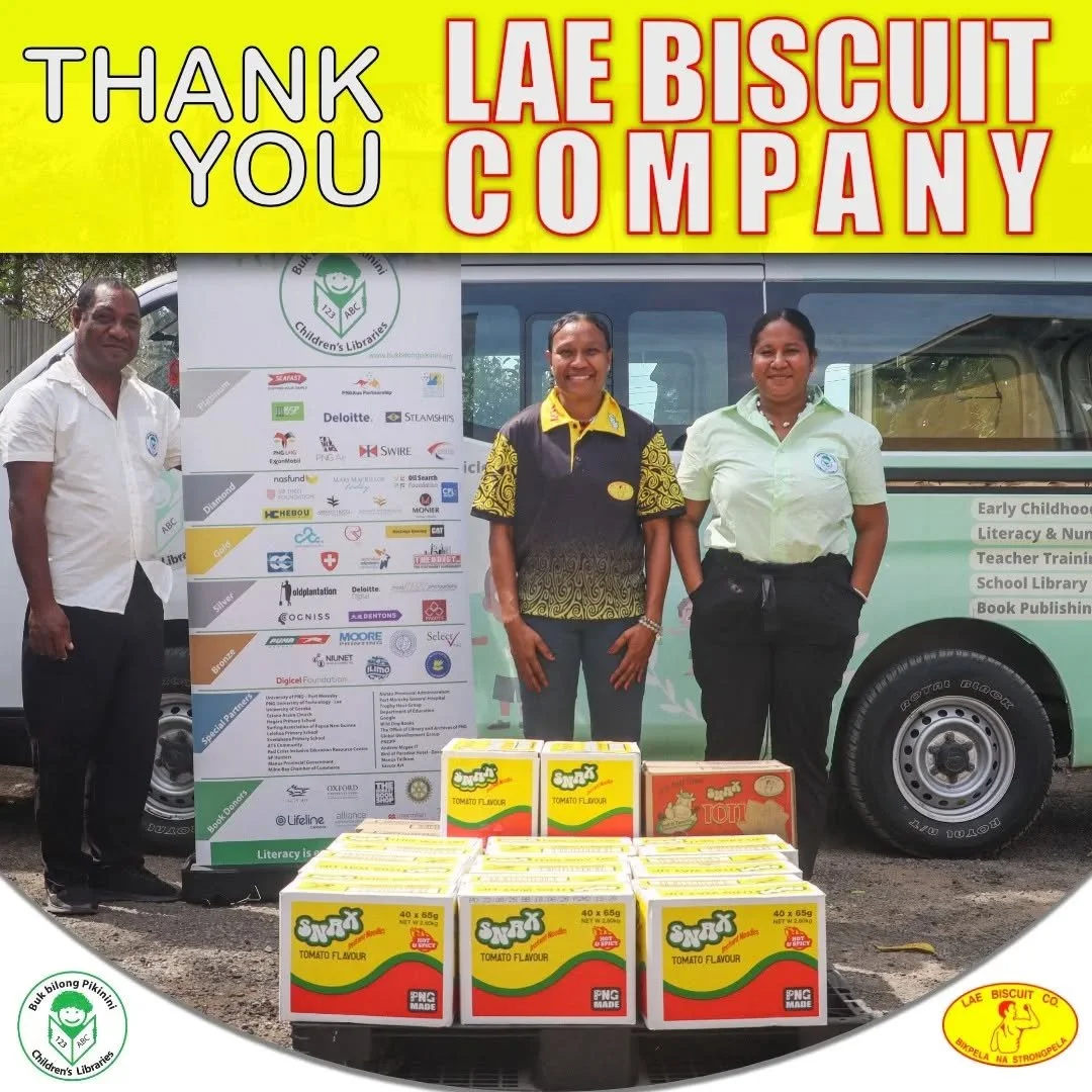 A big thank you to Lae Biscuit Company for your generous support towards Buk bilong Pikinini for our upcoming World Biscuit Day celebrations at our Port Moresby Library Learning Centers (POM LLC), as well as your support towards our fundraising initi