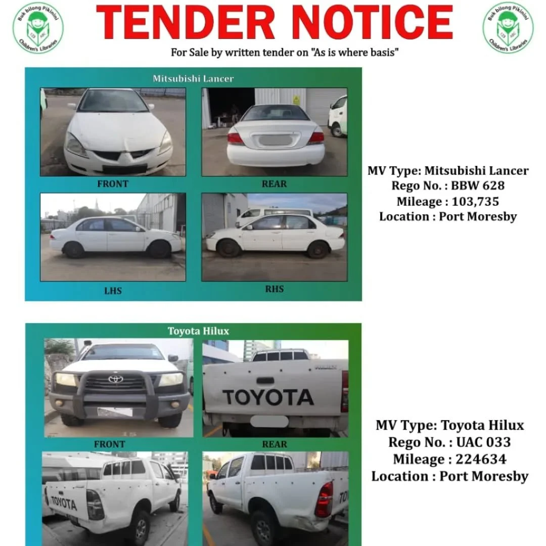 BbP TENDER NOTICE &ndash; VEHICLE SALE 🚗

Vehicles available for sale by written tender on an &ldquo;as is, where is&rdquo; basis.

📍 Port Moresby
📅 Inspection by appointment only

Find more information on the flyer below ⬇️
#vehicle #tender #Bukb