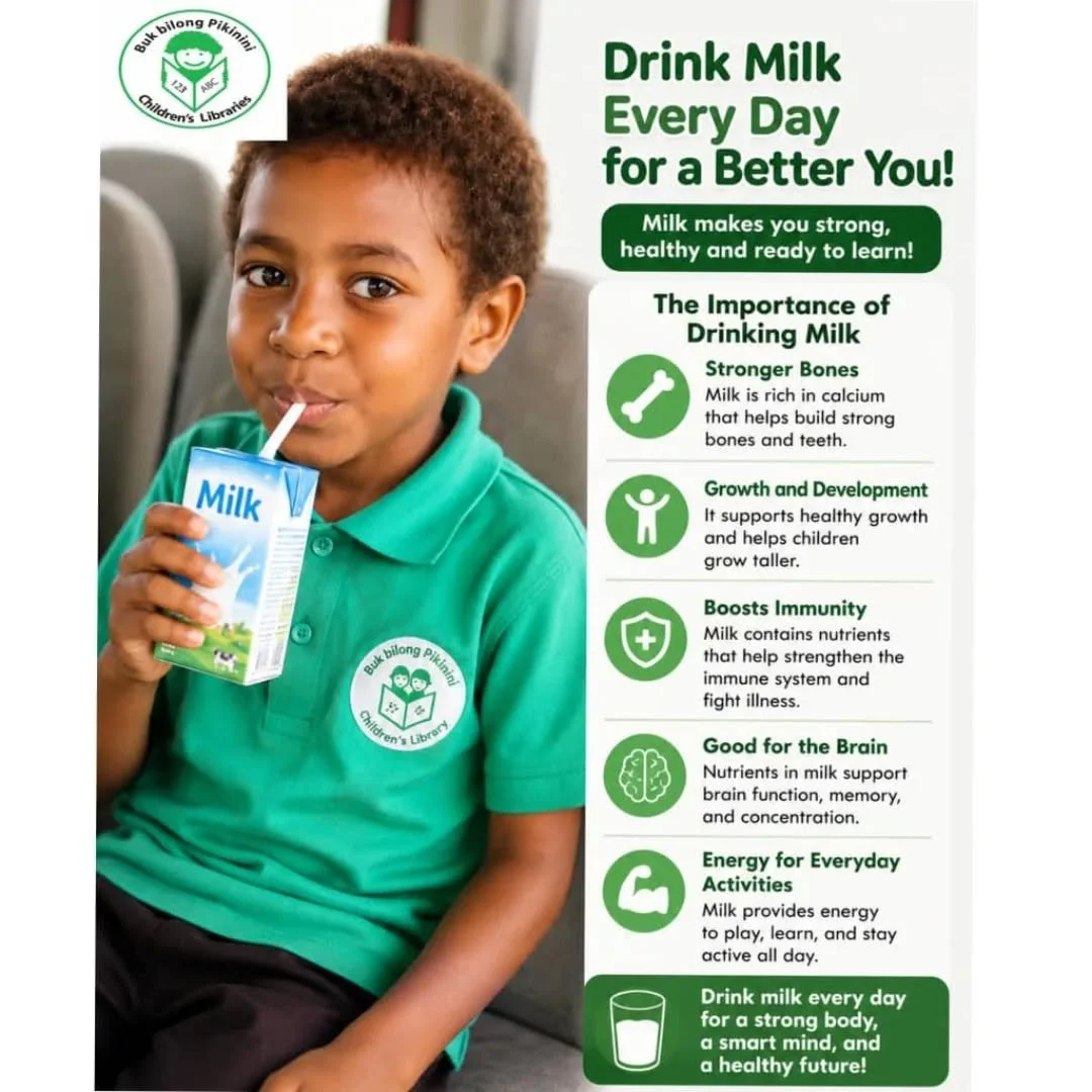 🥛💙 The Importance of Drinking Milk for Growing Children 💙🥛

As part of our World Milk Day celebrations, children across all Buk bilong Pikinini Library Learning Centers learned about the importance of drinking milk and how it supports healthy gro