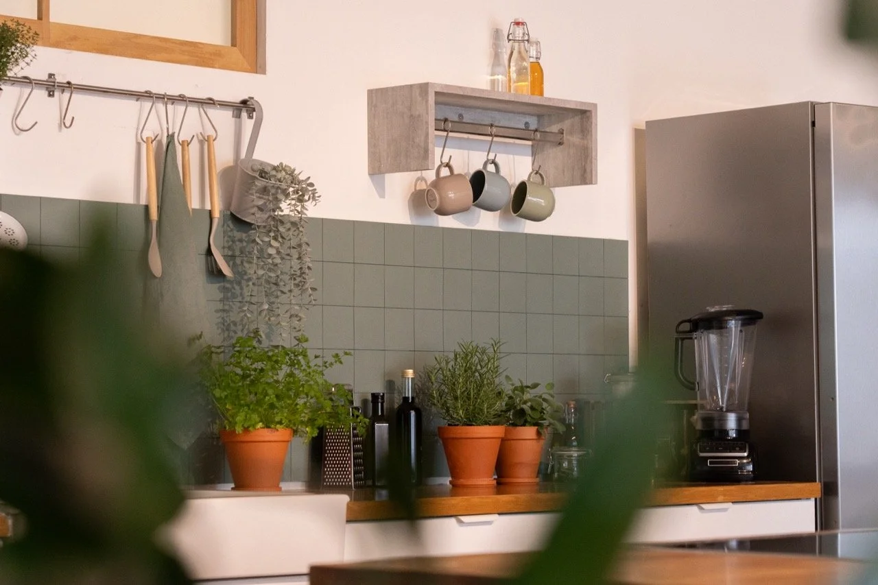Produktionsküche | Mietküche in Köln | Küchenbereich mit grüner Wandfliese, Pflanzen in Terrakottatöpfen, einem Wasserkocher, einem Kühlschrank und einer hellen Holzarbeitsfläche