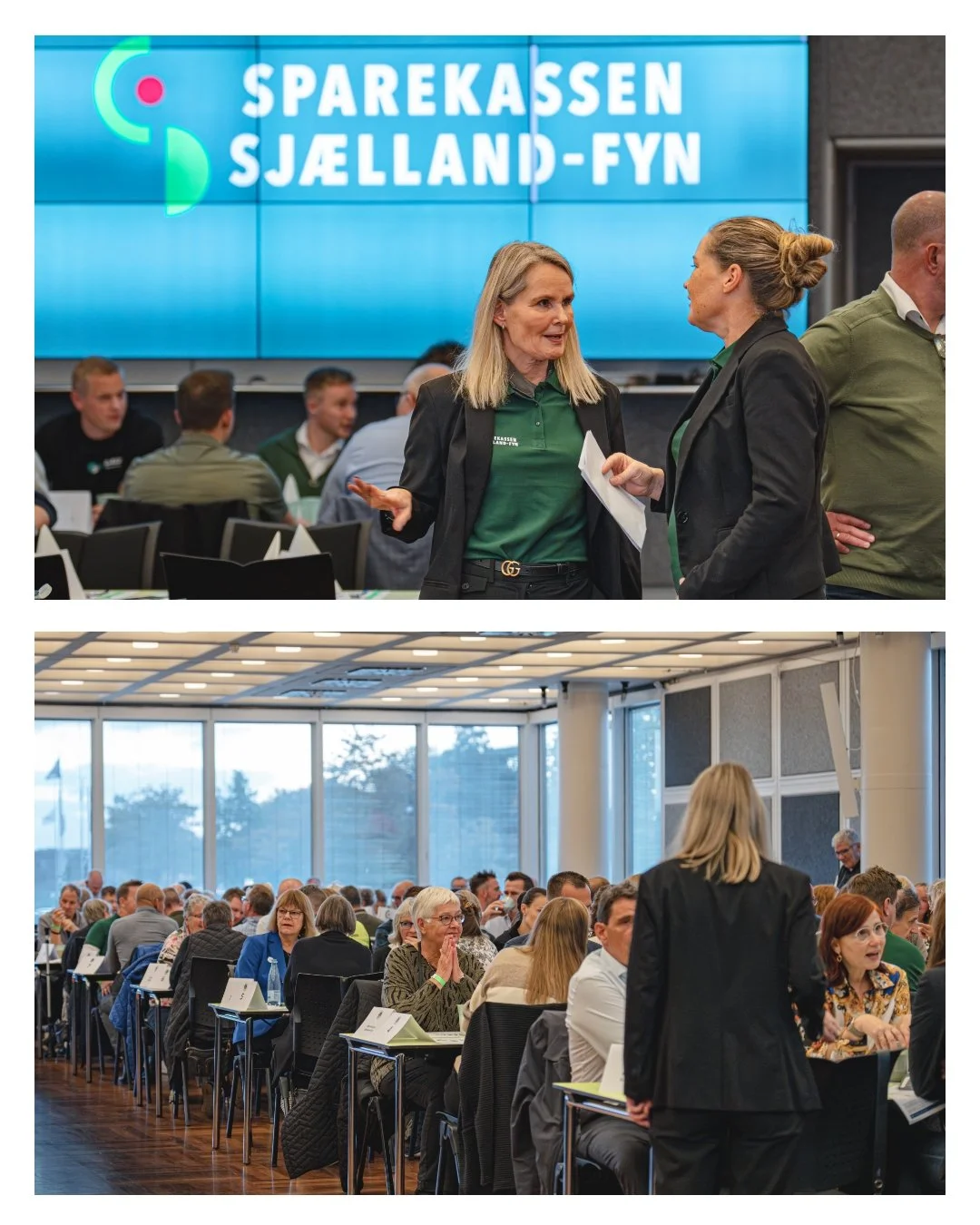 Billede 1: To kvinder taler sammen foran en stor skærm med teksten 'Sparekassen Sjælland-Fyn'. Billede 2: En gruppe mennesker sidder ved borde i et konferencelokale, mens en kvinde går gennem rummet.