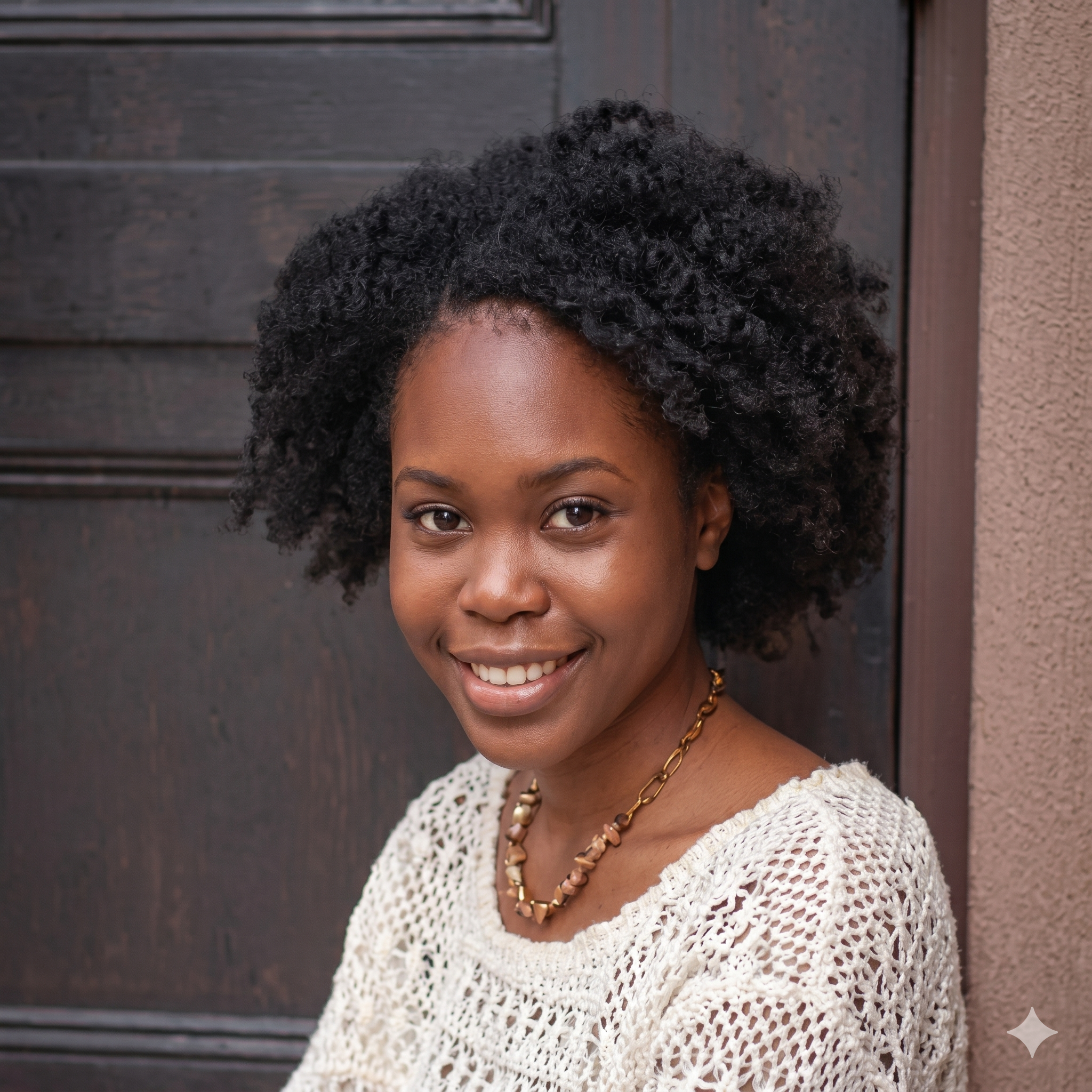 Smiling young woman with natural curly hair wearing a white knit top and a necklace
