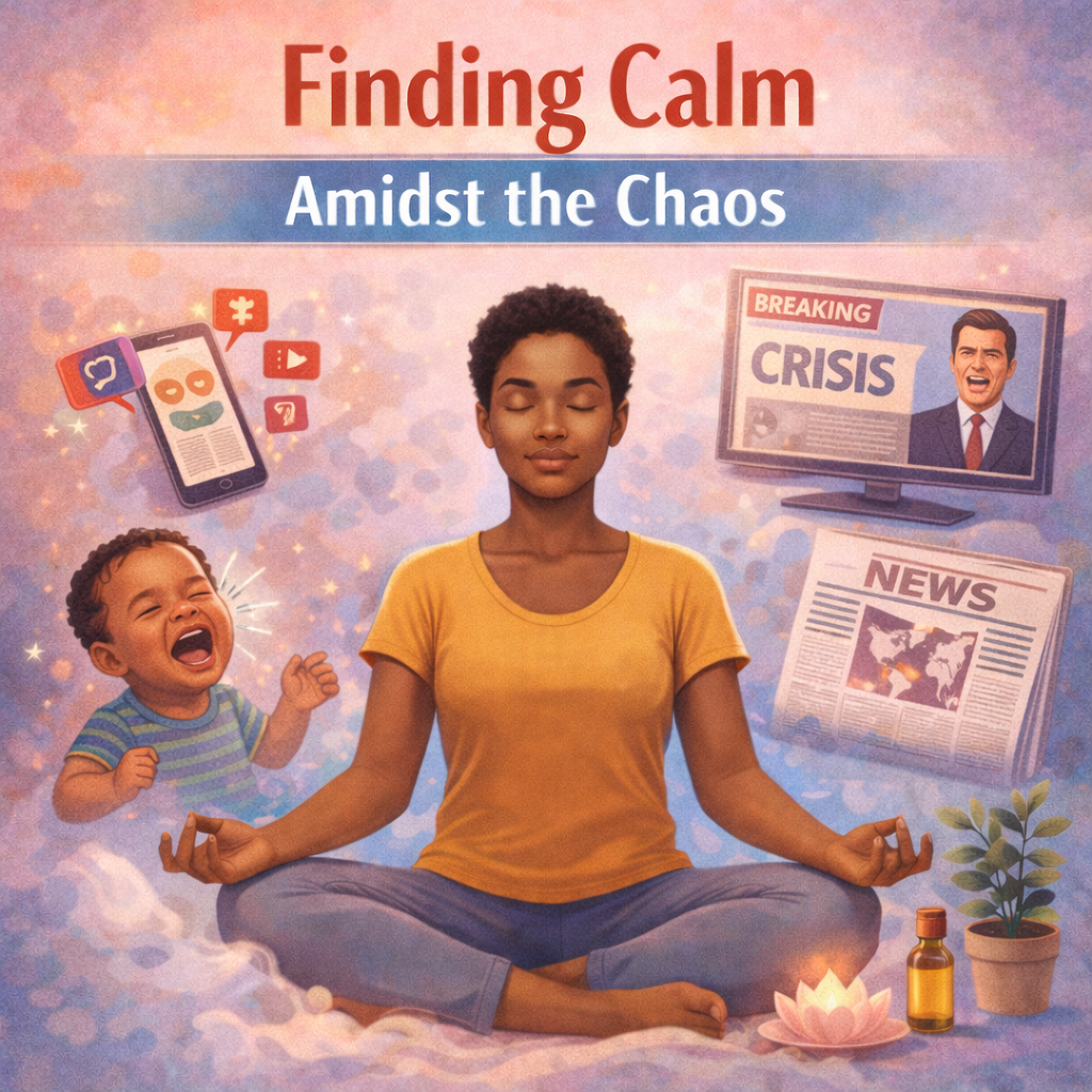 Peaceful woman meditating in court, surrounded by chaotic images of news and social media, with a joyful child on her side.